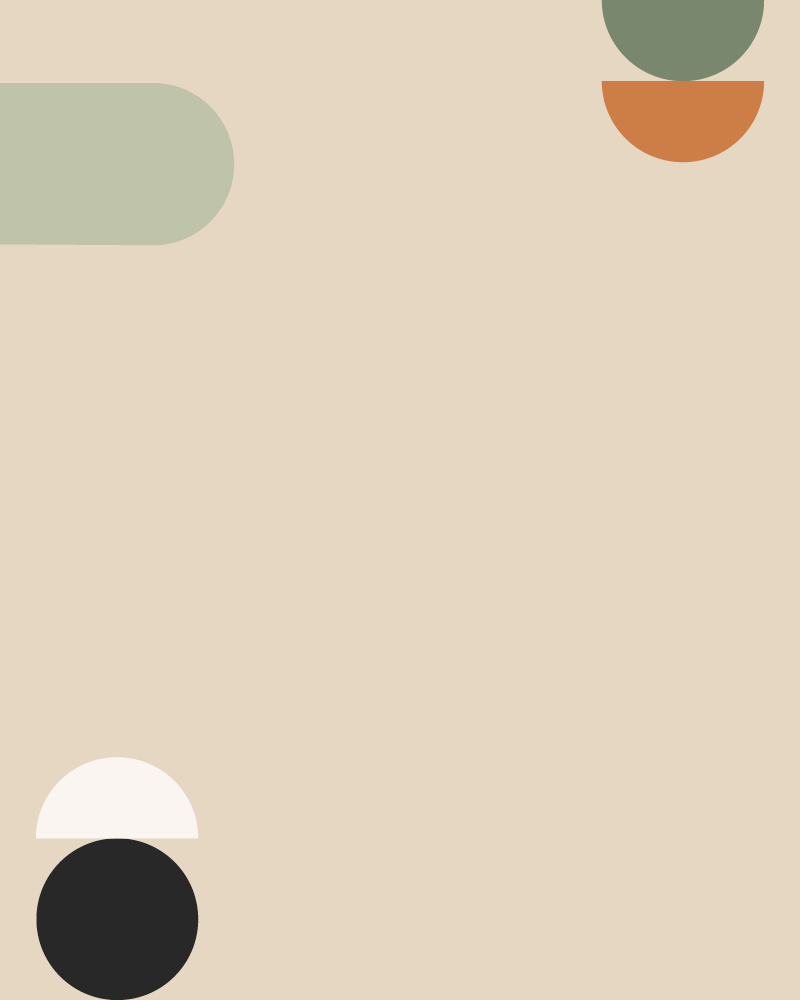 Abstract design with rounded shapes in green, orange-brown, white, and black on a beige background.