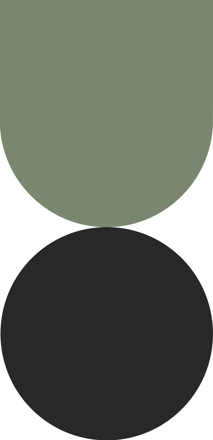Two large circles, the top one olive green and the bottom one black, aligned vertically.