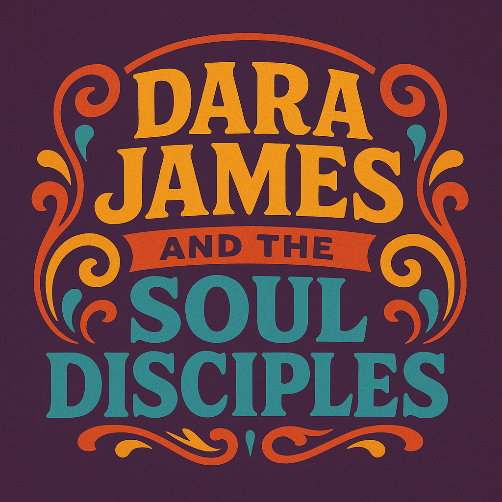 Dara James and the Soul Disciples logo with bold vintage lettering in gold, teal, and orange on a purple background