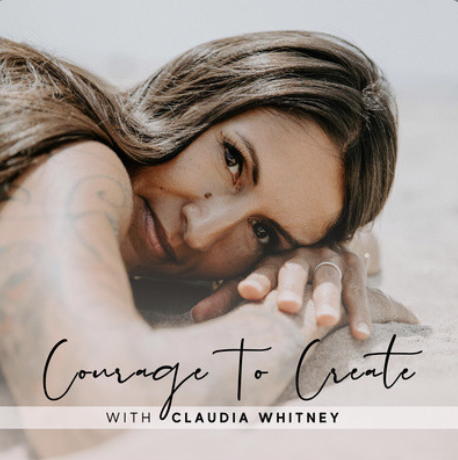 Close-up of a woman lying on the floor with her head resting on her hand, looking at the camera. The text 'Courage to Create with Claudia Whitney' is overlaid on the image.