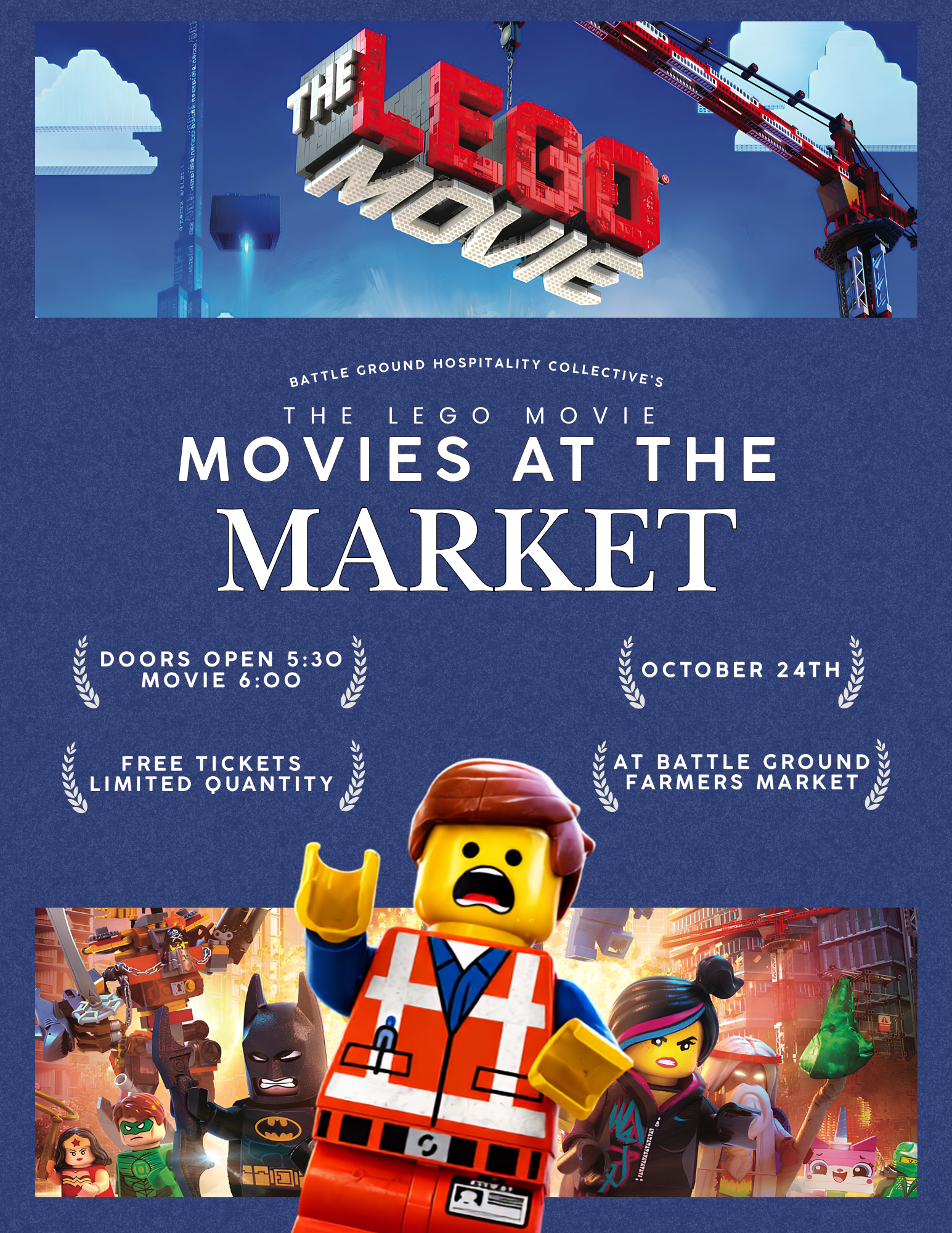 Event poster for the Battle Ground Hospitality Collective's Movies at the Market featuring The Lego Movie on October 24th at the Battle Ground Farmers Market