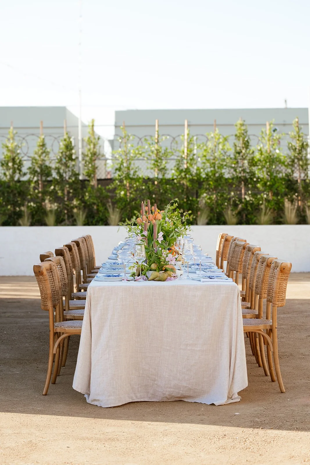 A long dining table set outdoors with a white tablecloth, floral centerpiece, and multiple wine glasses, chairs on both sides, against a background of green plants and a white wall.