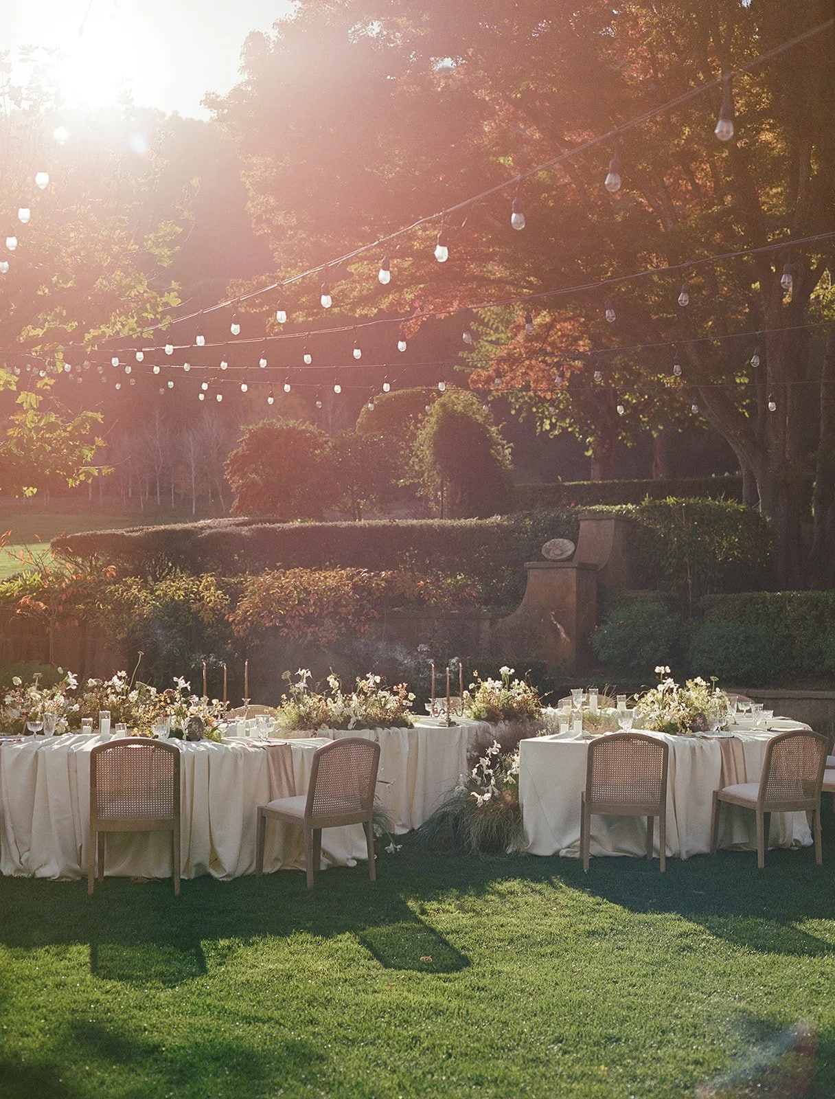 Outdoor dinner setup with long white-draped tables, floral centerpieces, and chairs, under string lights in a garden during sunlight.