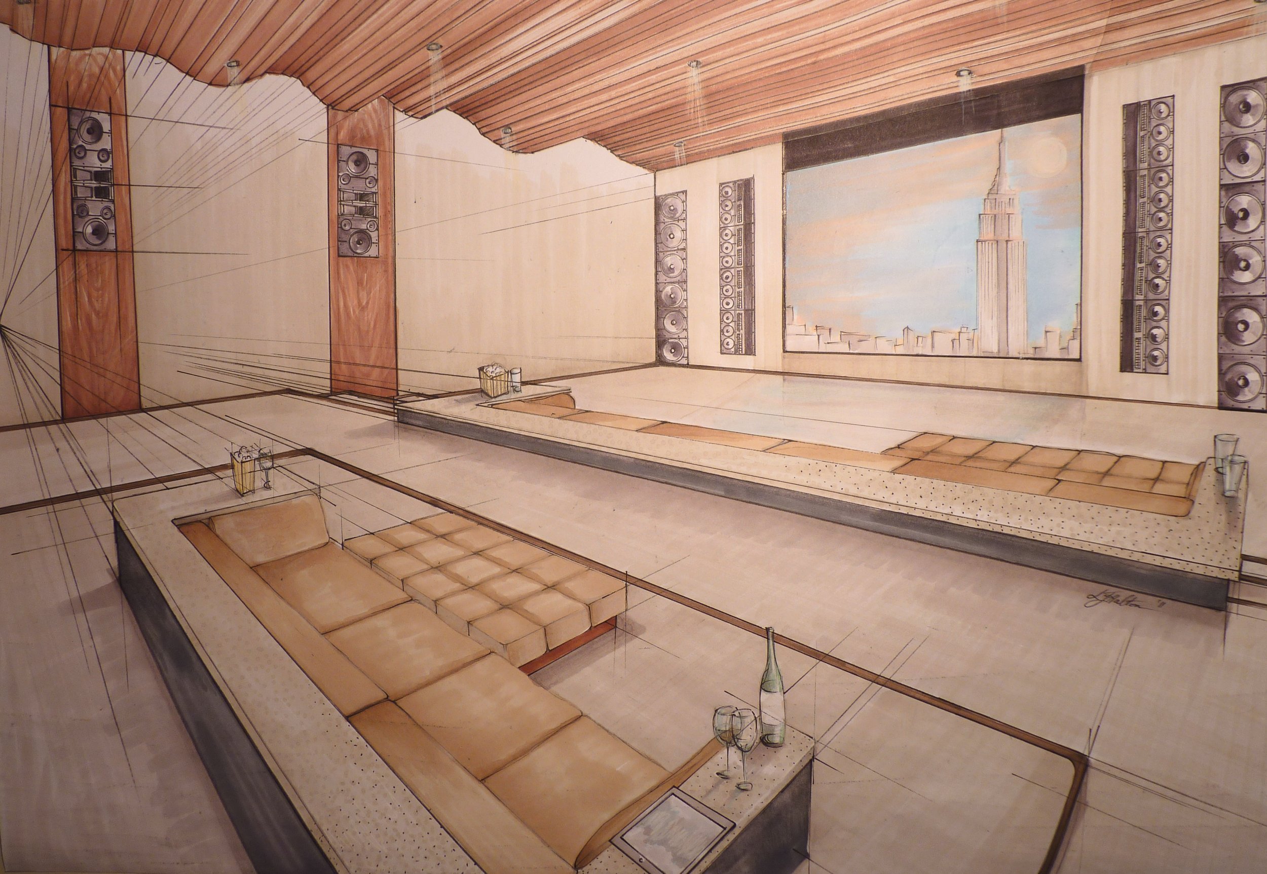 Drawing of a spacious room with a large window showing the New York City skyline, including the Empire State Building, and indoor seating with couches, side tables, and musical speakers on the walls.