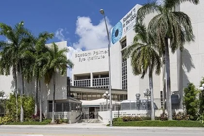 Exterior of the Bacyon Palm Eye Institute with palm trees, a white building, and a clear blue sky.