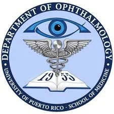 Seal of the Department of Ophthalmology at the University of Puerto Rico School of Medicine, featuring an eye, a caduceus, a book, and the year 1955.