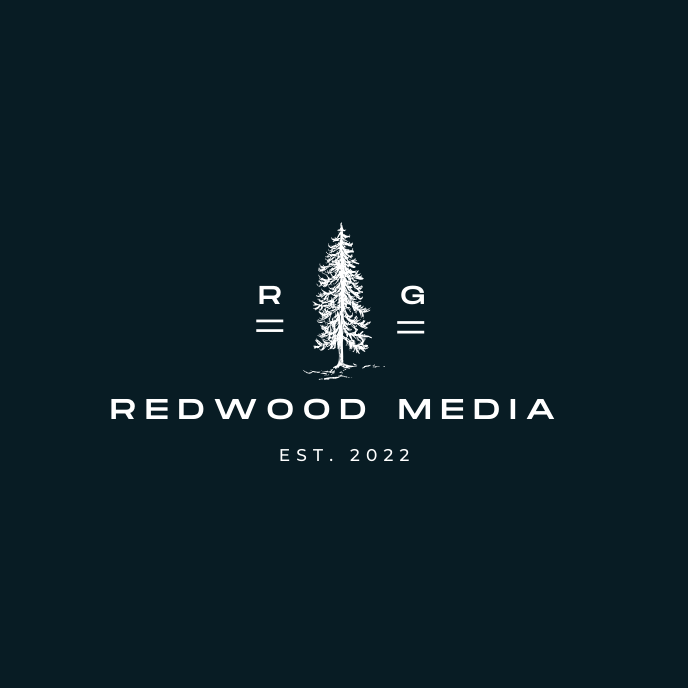 Redwood Media logo featuring a white pine tree illustration, with 'R' and 'G' on either side, and 'Redwood Media' with 'Est. 2022' below.