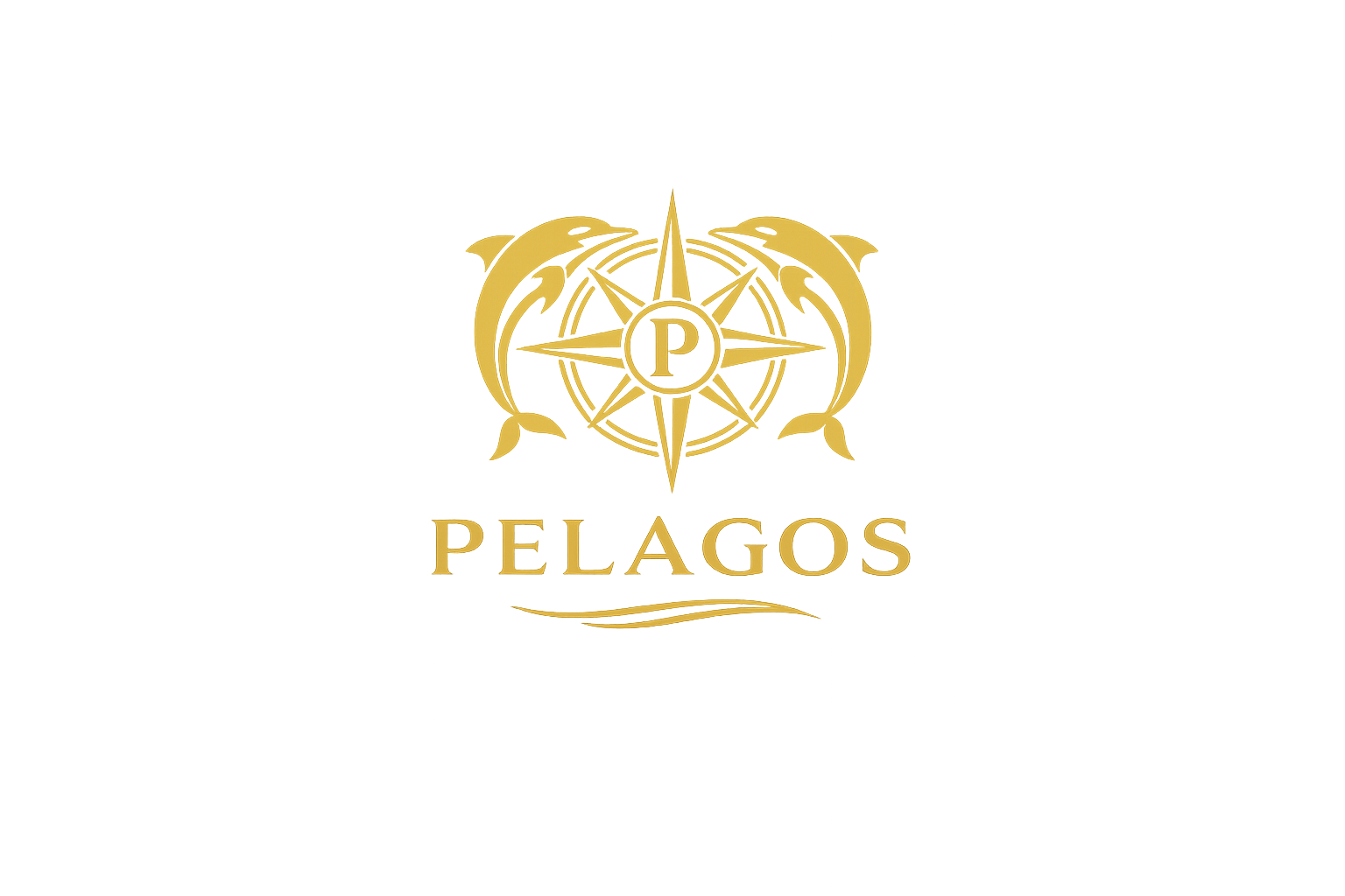 A black background with a gold emblem featuring a stylized compass rose and two dolphins. The letter 'P' is at the center, surrounded by the word 'PELAGOS' in gold lettering.