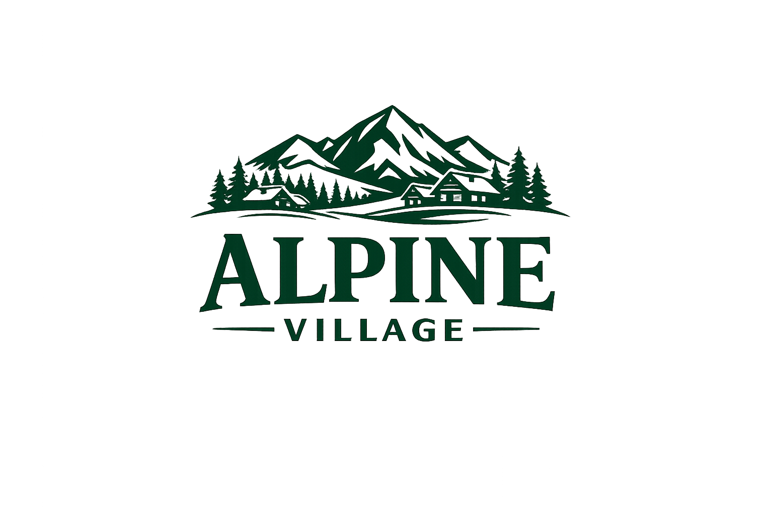 Logo for Alpine Village featuring mountains, trees, and small buildings with the text "ALPINE VILLAGE" beneath.
