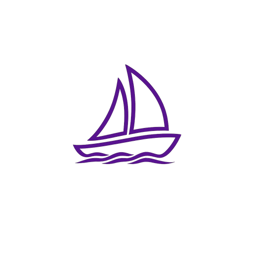 A simple line drawing of a sailboat with purple outlines on a black background.