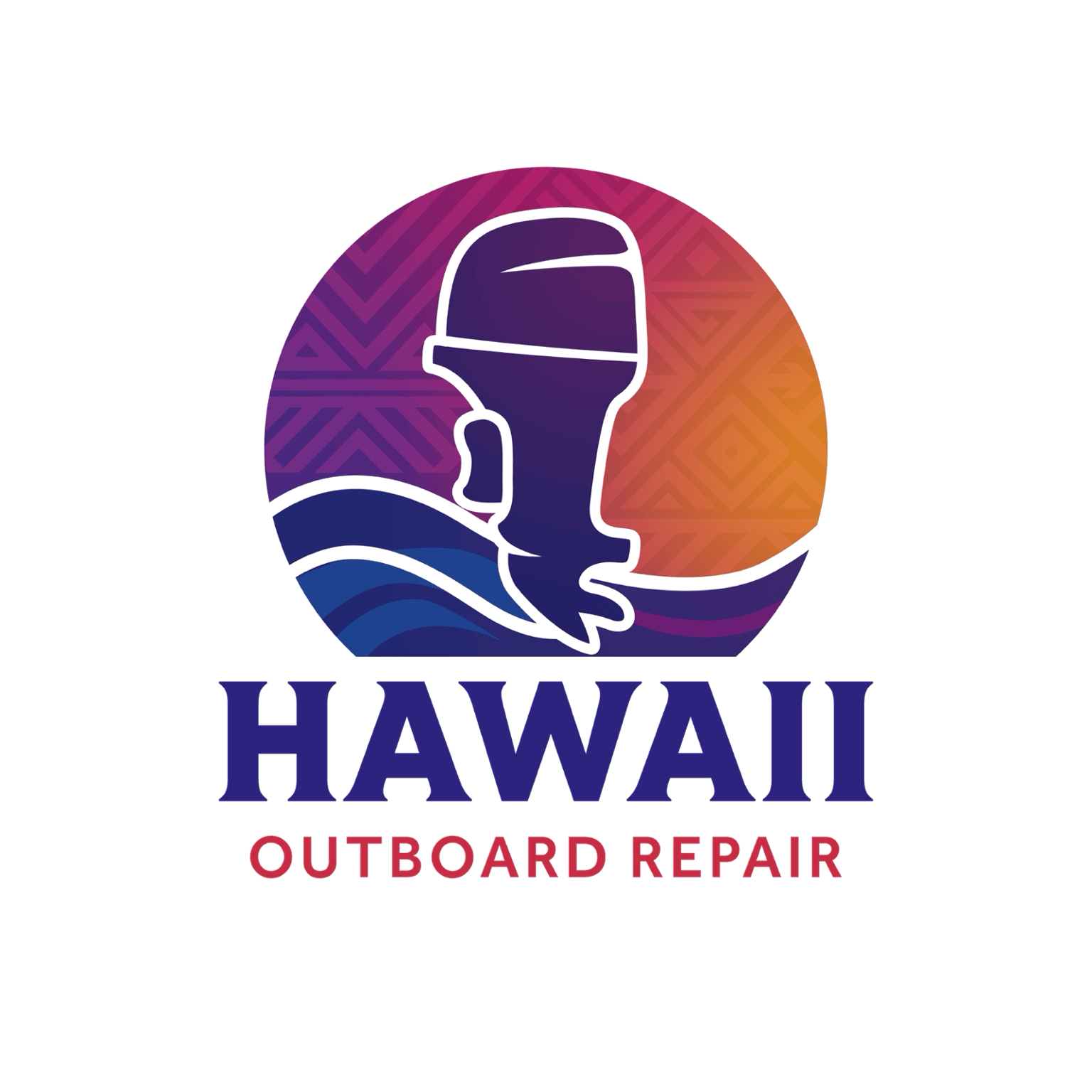 Hawaii Outboard Repair logo featuring a stylized boat motor silhouette with colorful geometric background and text.