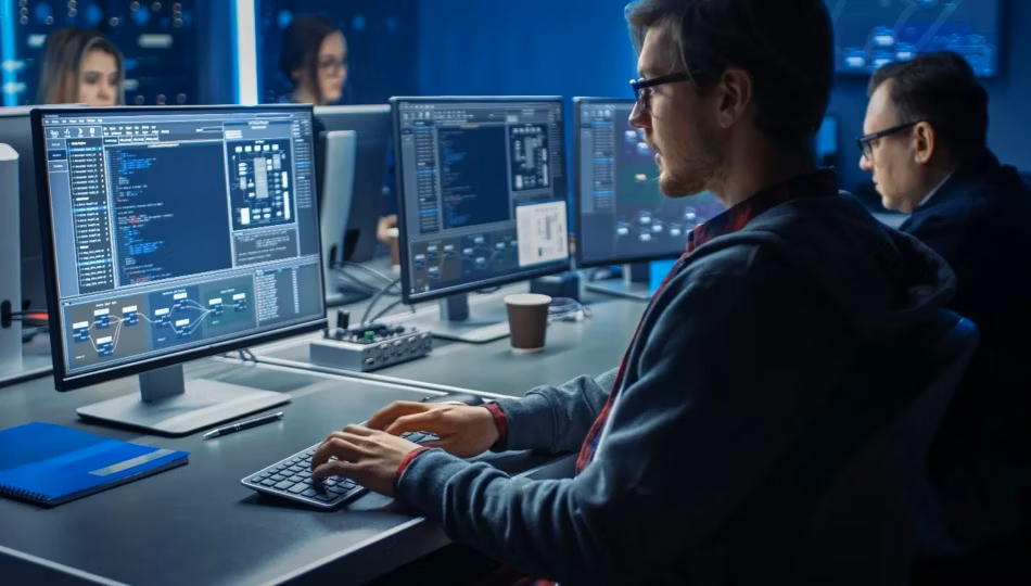 Man working on multiple computer screens in a high-tech office environment with other people in the background.
