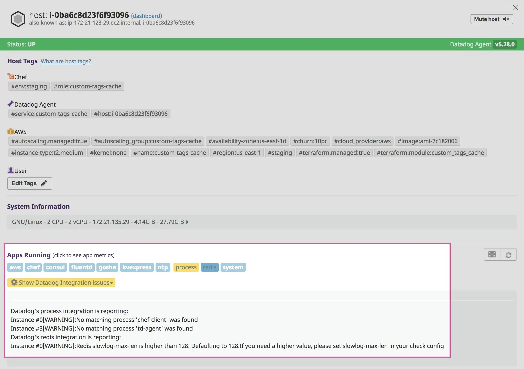 Datadog Agent status screen with host tags and integrations.