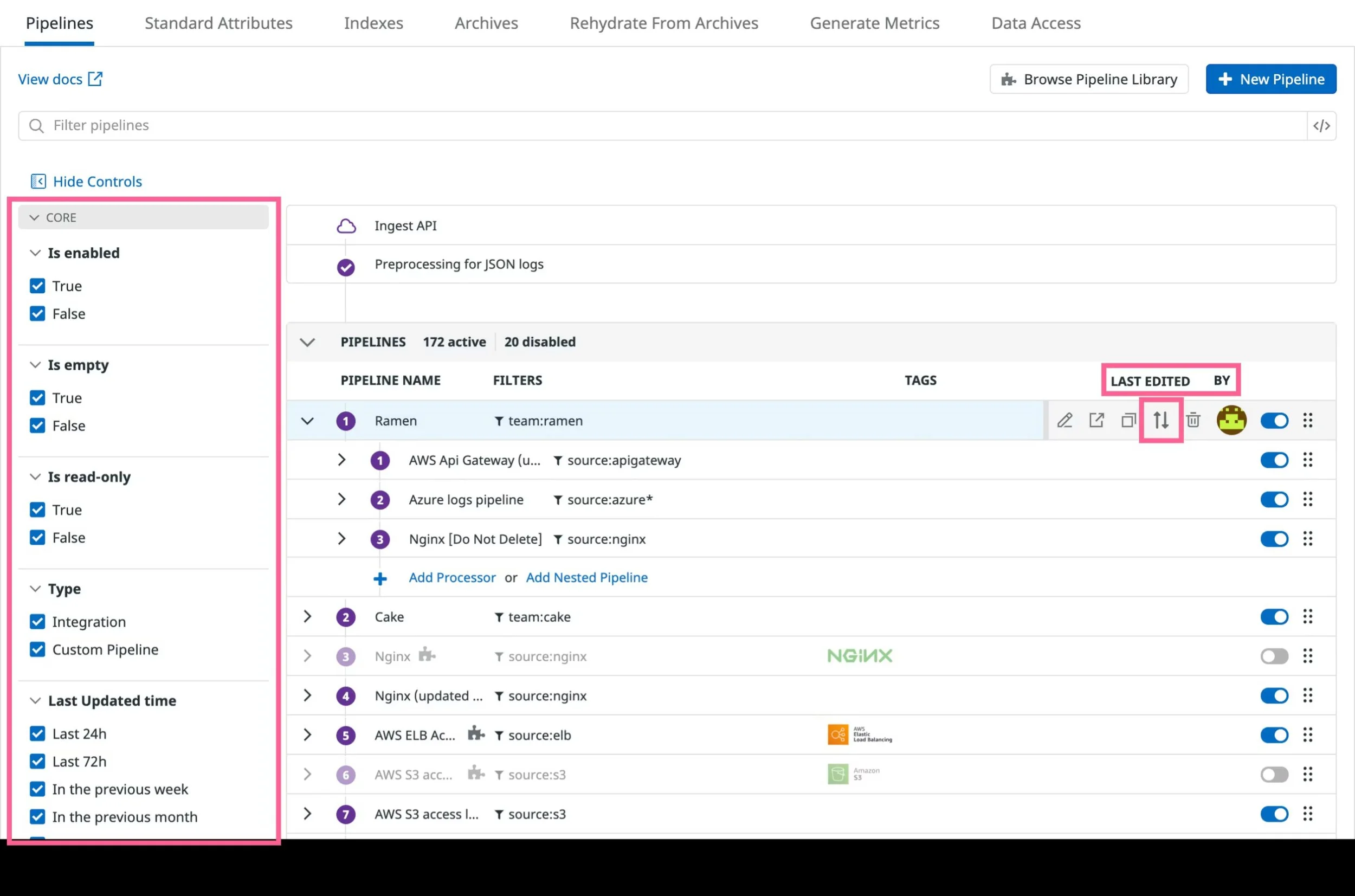Datadog logs configuration screen listing multiple log pipelines and processors.