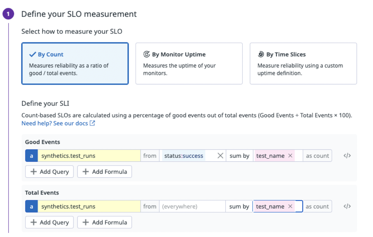 Datadog interface showing SLO measurement setup with options to define by count, monitor uptime, or time slices. Example queries filter good events by status:success and total events by test name.
