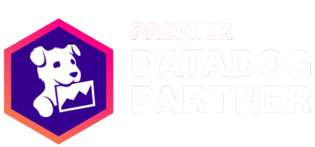 Logo with a puppy inside a pink and purple hexagon and the words "Premier DataDog Partner" in white and pink text.