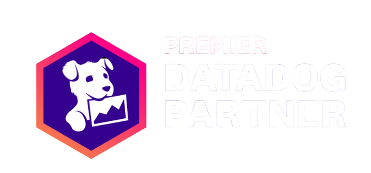 Pink and purple banner with a dog icon inside a hexagon on the left side and the text 'Premier DataDog Partner' on the right side.