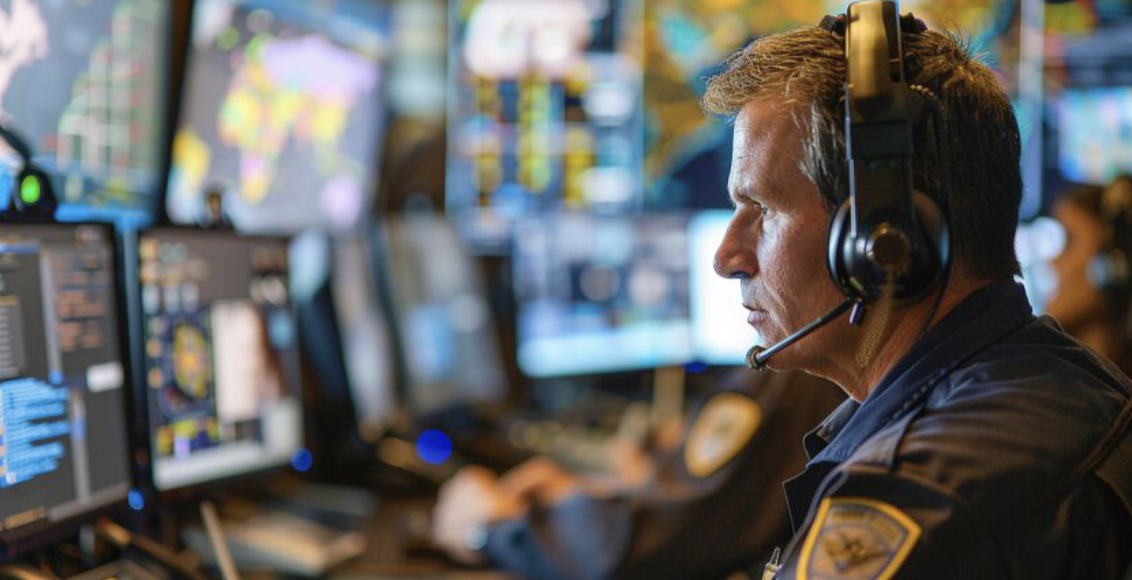 Emergency dispatcher wearing headset working at multiple computer monitors in a control room.