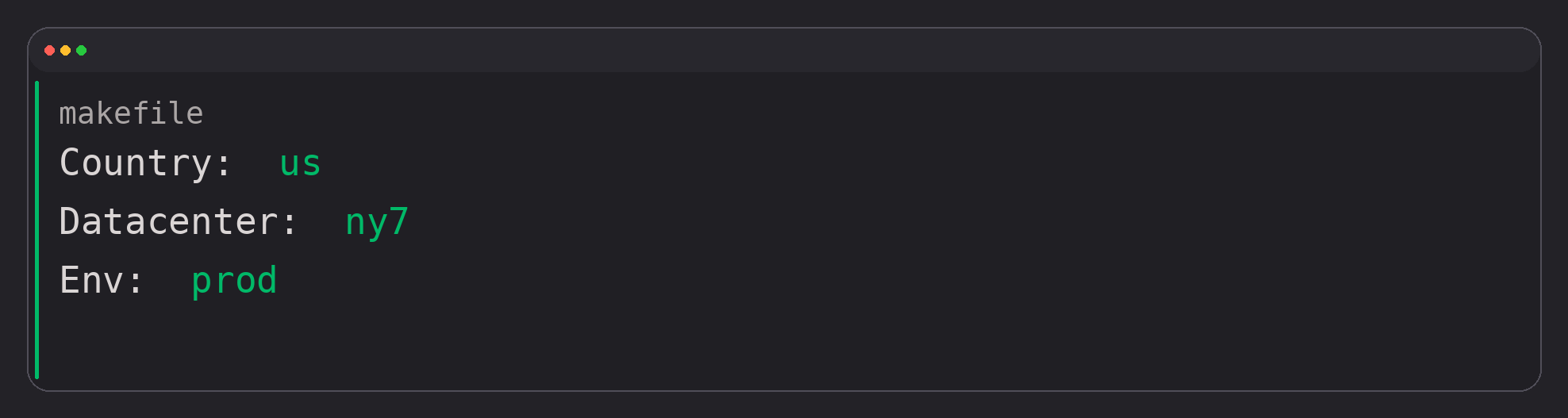 Layer 2 tagging guidance showing infrastructure context tags like Country, Datacenter, and Environment, with a makefile example using 'us', 'ny7', and 'prod'.