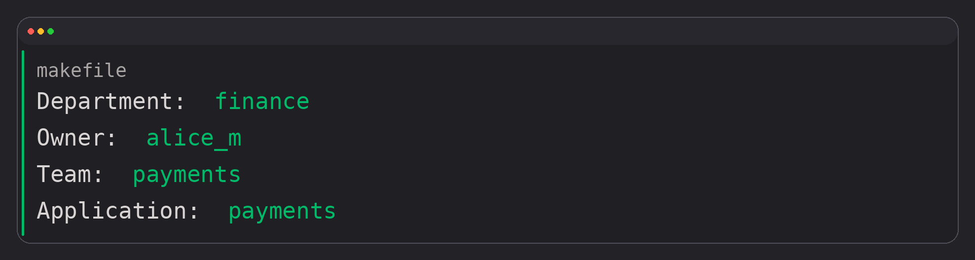 Layer 1 tagging guidance showing high-level tags like Department, Owner, Team, and Application, with a makefile example for 'finance' and 'payments'.