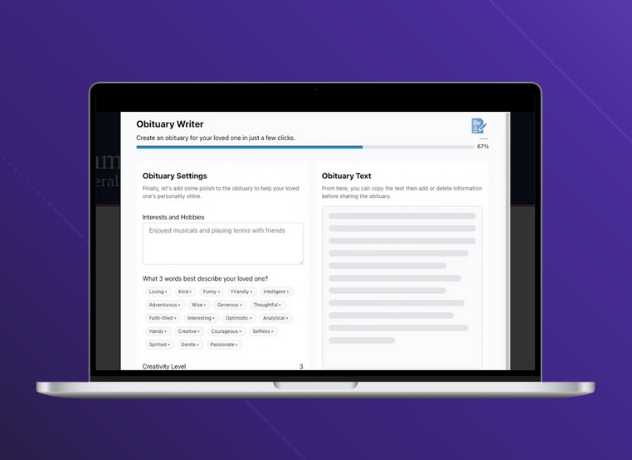 Open laptop displaying an obituary writing software on a purple background.