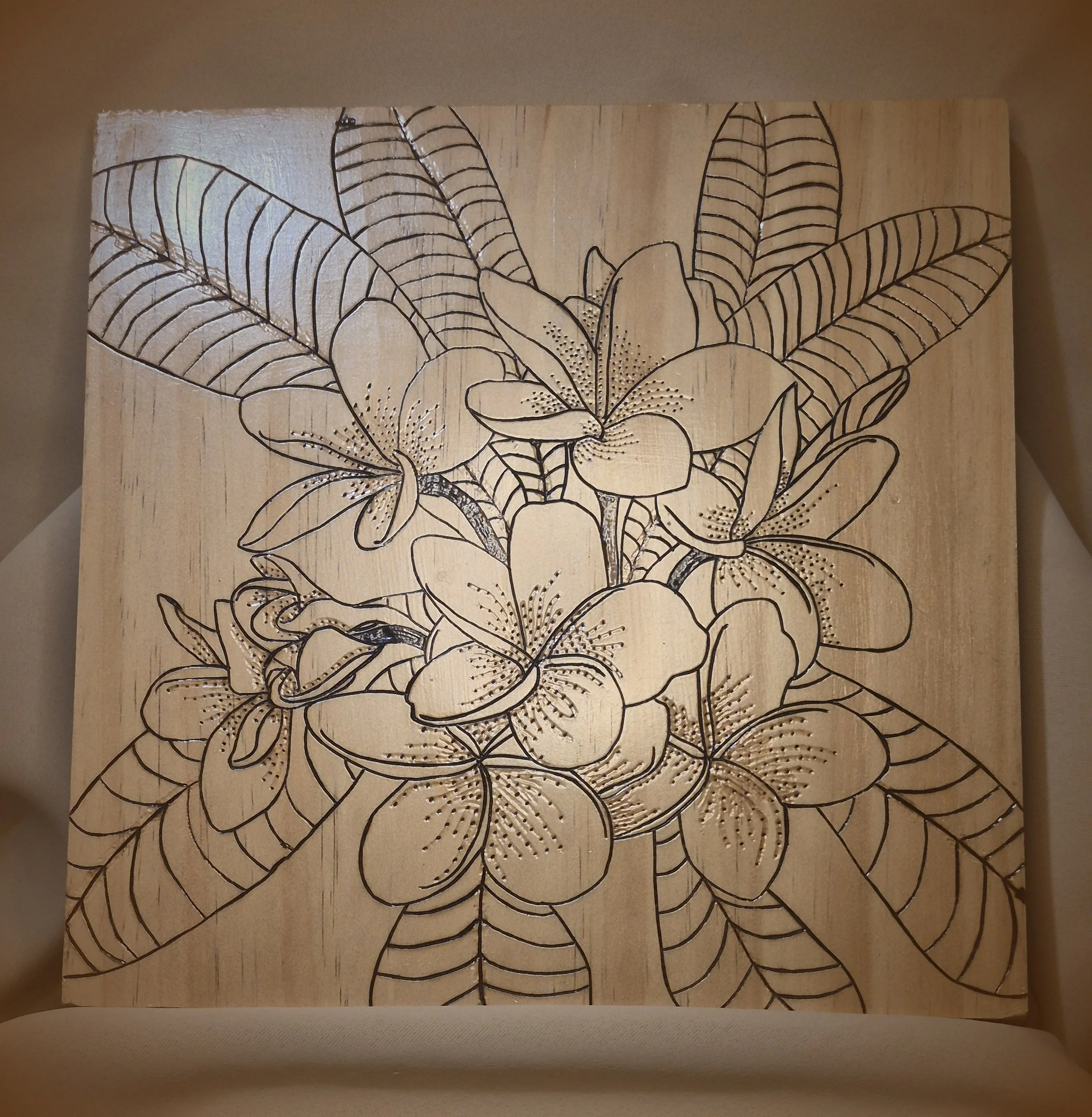 Handmade Tropical Plumeria Wood-Burned Wall Art