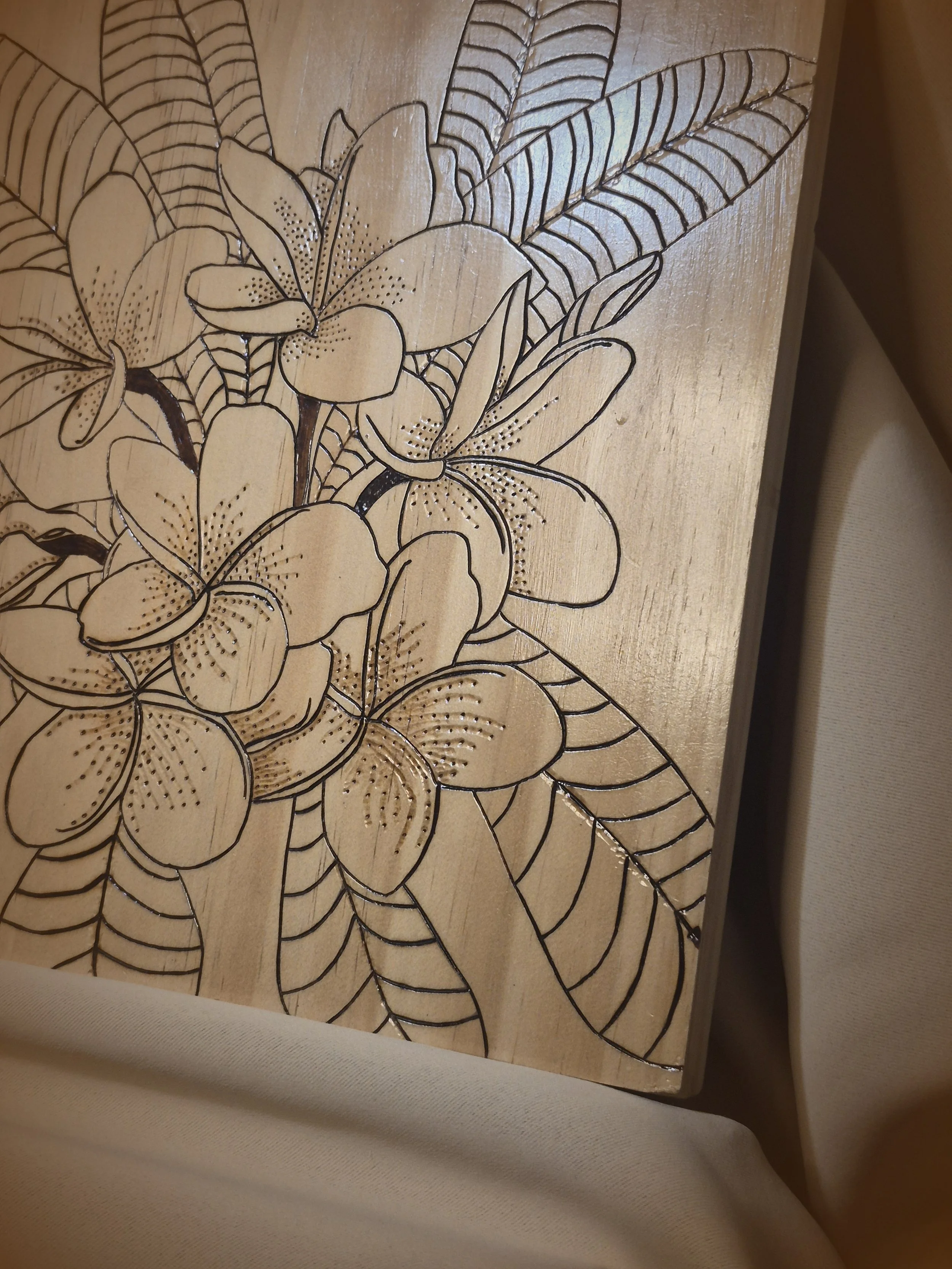 Handmade Tropical Plumeria Wood-Burned Wall Art - Custom Wood-Burned Home and Business Signs & Monograms Crafted to Stand Out__