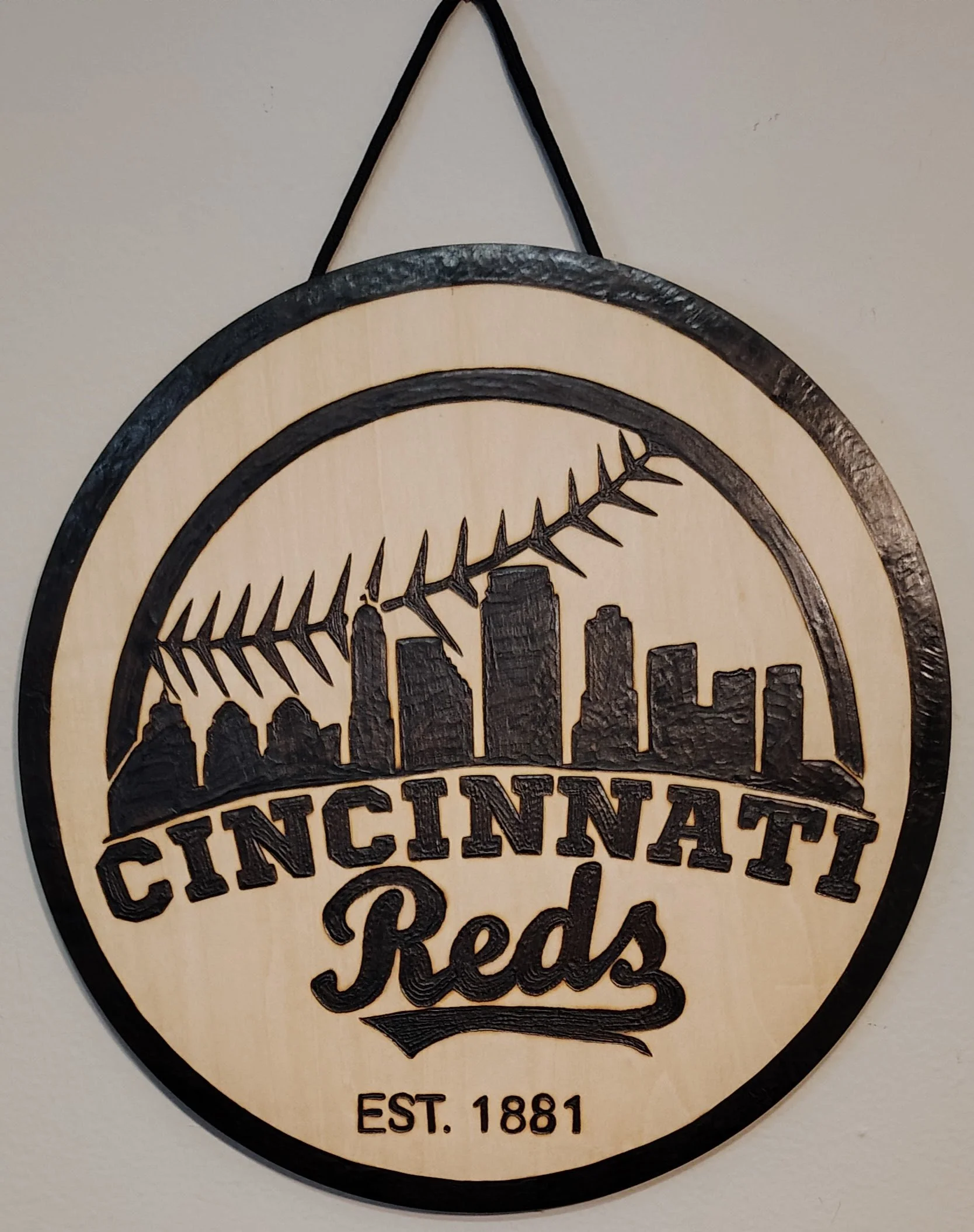 Cincinnati Skyline & Reds Handmade Wood Burnt Art