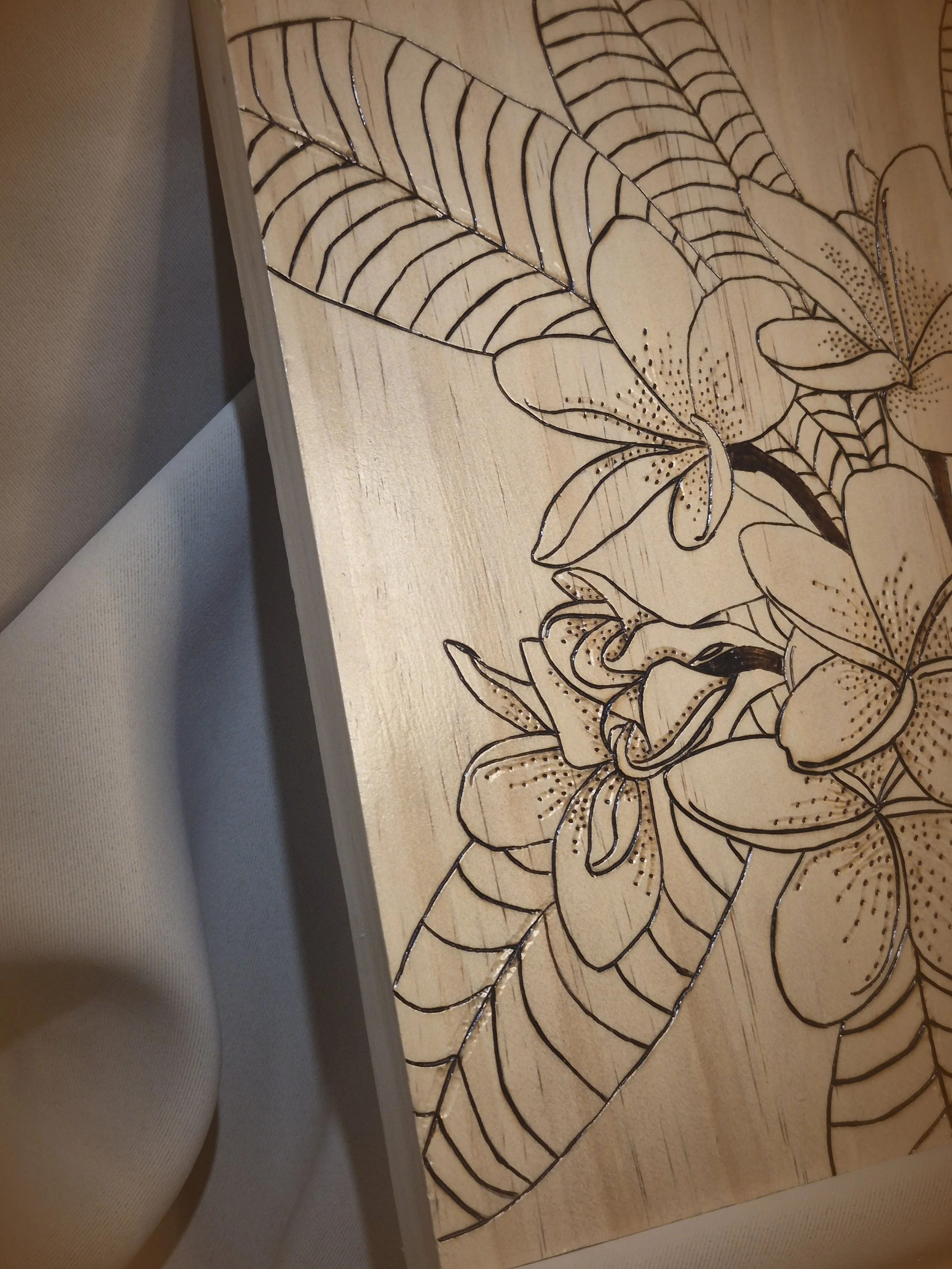 Handmade Tropical Plumeria Wood-Burned Wall Art - Custom Wood-Burned Home and Business Signs & Monograms Crafted to Stand Out__