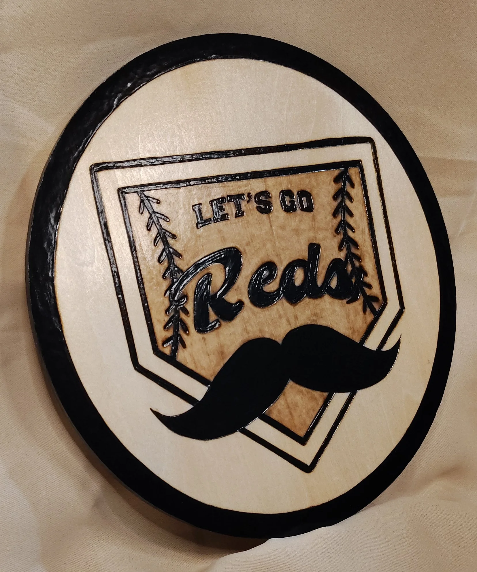 Let's Go Reds Handcrafted Wood-Burned Plaque - Custom Wood-Burned Home and Business Signs & Monograms Crafted to Stand Out__