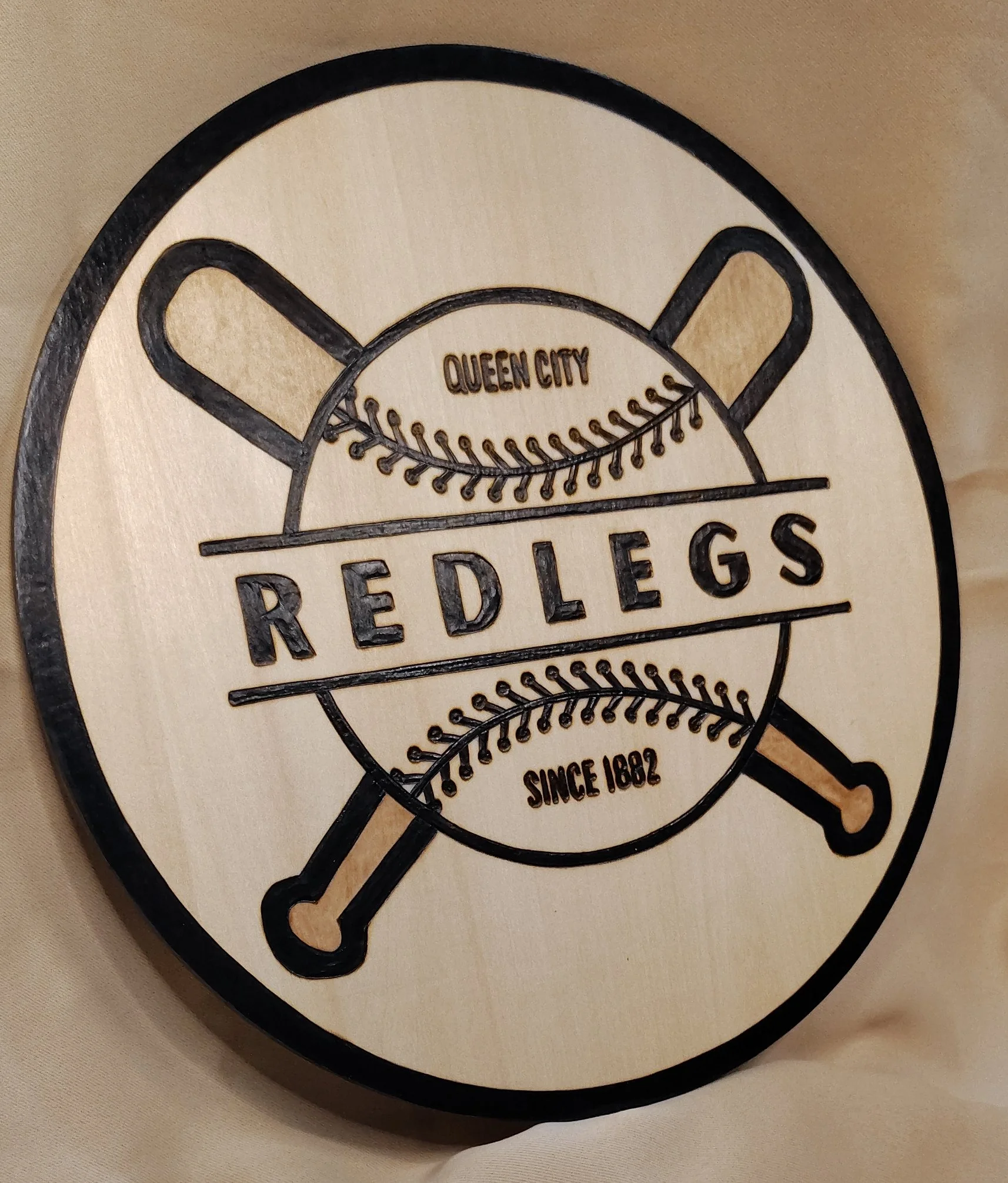 Queen City Redlegs Wood-Burned Sign