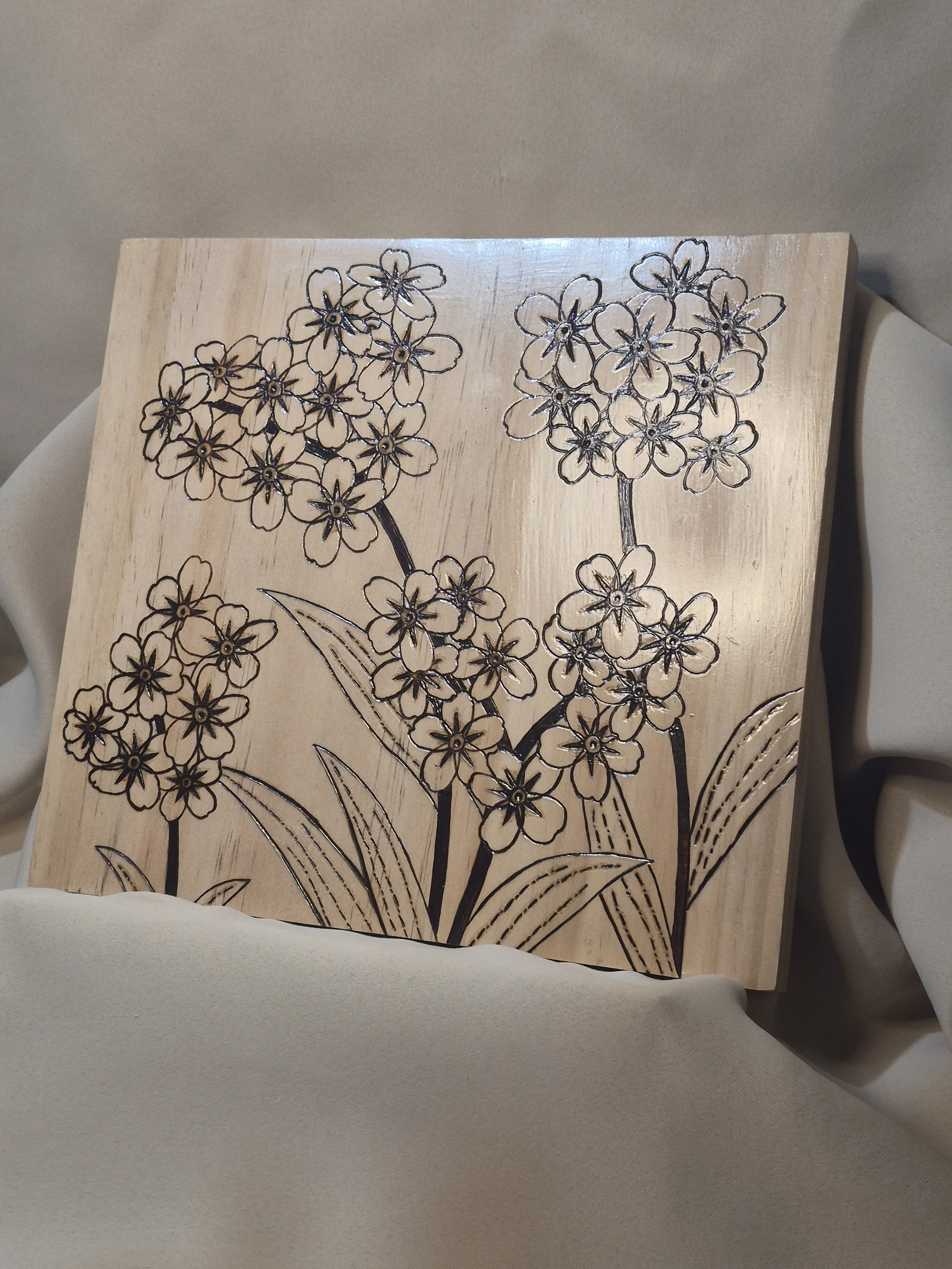 Handcrafted Forget-Me-Not Wood-Burned Wall Art - Custom Wood-Burned Home and Business Signs & Monograms Crafted to Stand Out__