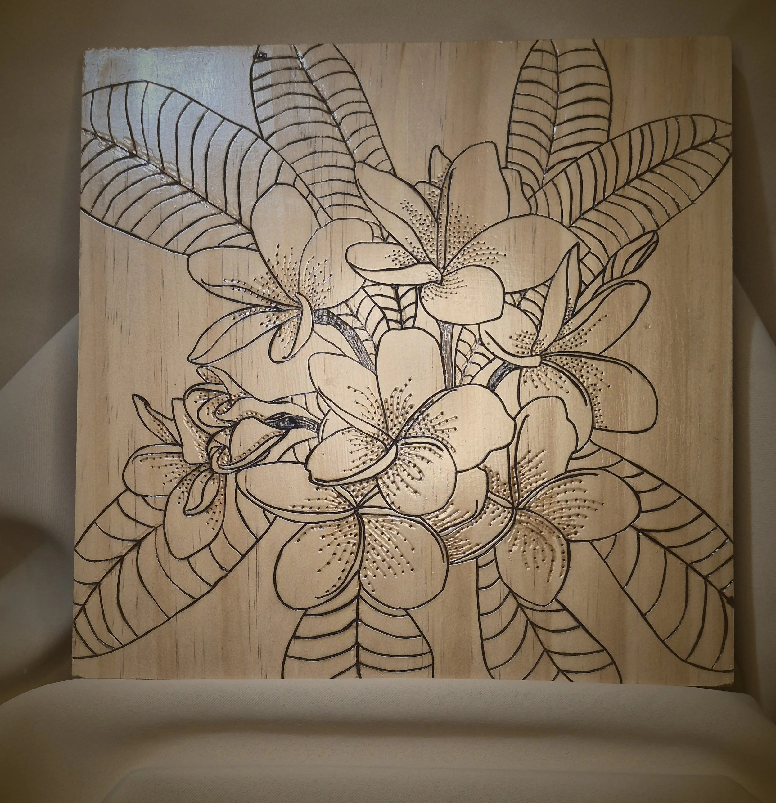 Handmade Tropical Plumeria Wood-Burned Wall Art - Custom Wood-Burned Home and Business Signs & Monograms Crafted to Stand Out__