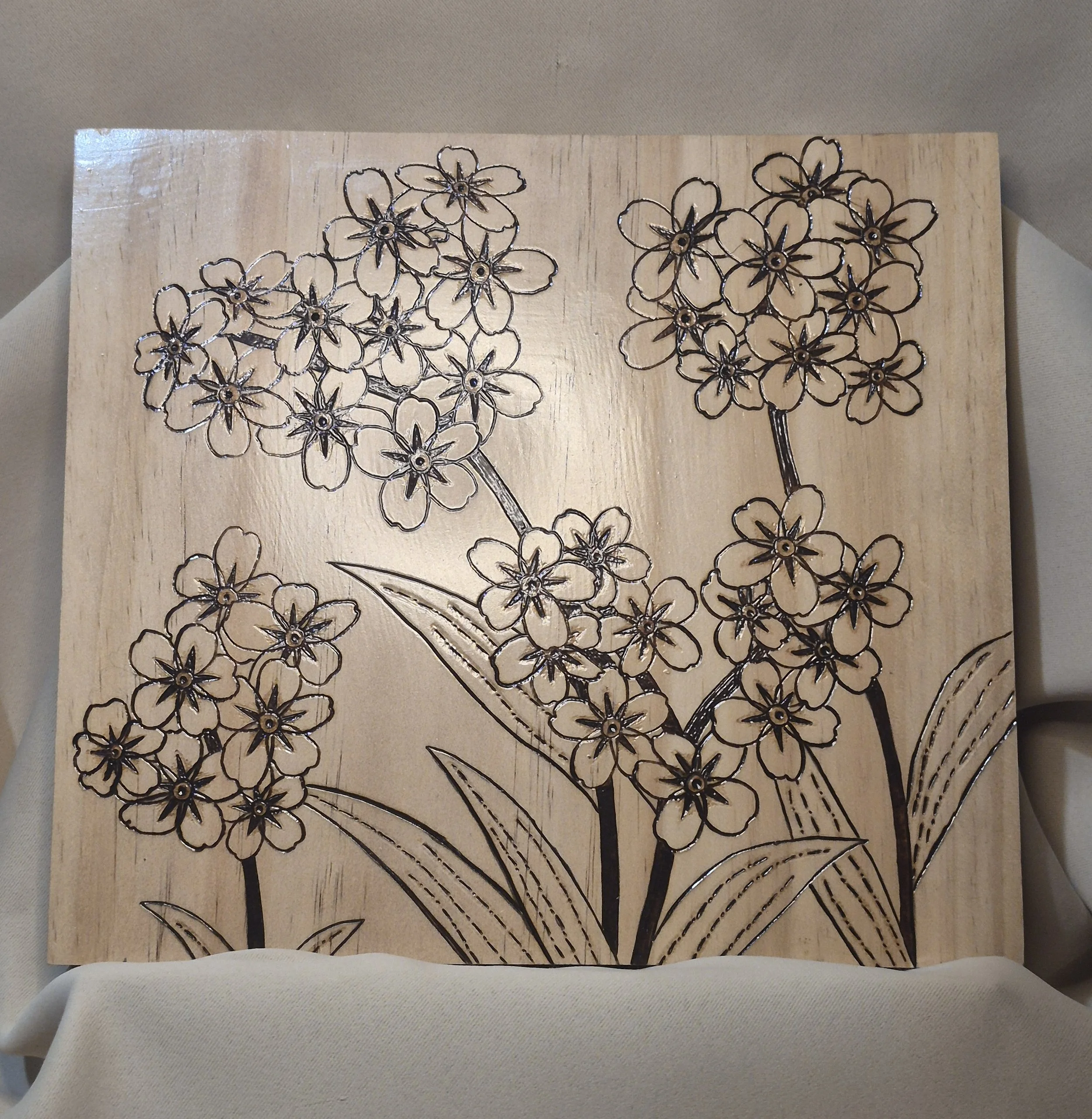 Handcrafted Forget-Me-Not Wood-Burned Wall Art - Custom Wood-Burned Home and Business Signs & Monograms Crafted to Stand Out__