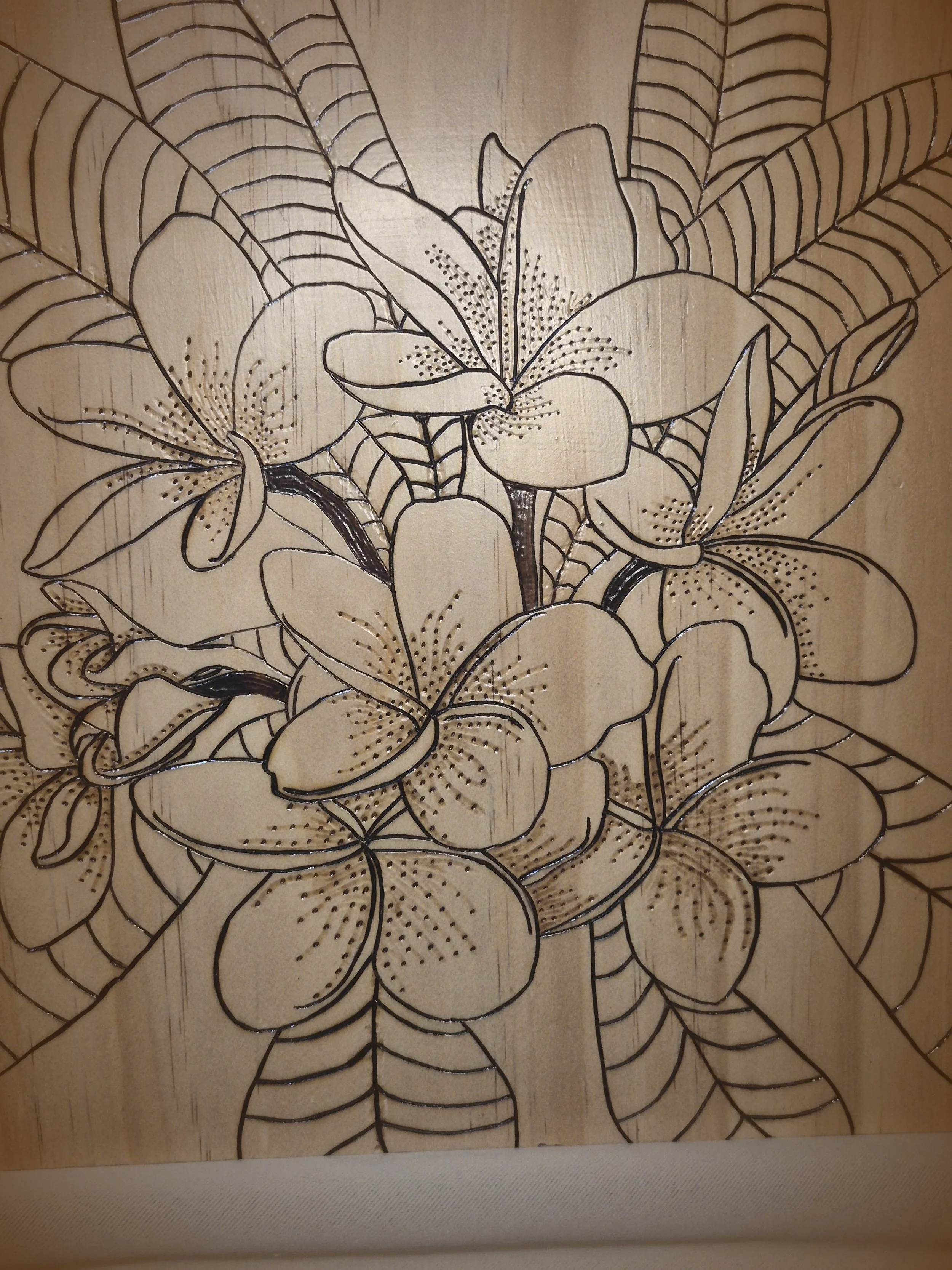 Handmade Tropical Plumeria Wood-Burned Wall Art - Custom Wood-Burned Home and Business Signs & Monograms Crafted to Stand Out__