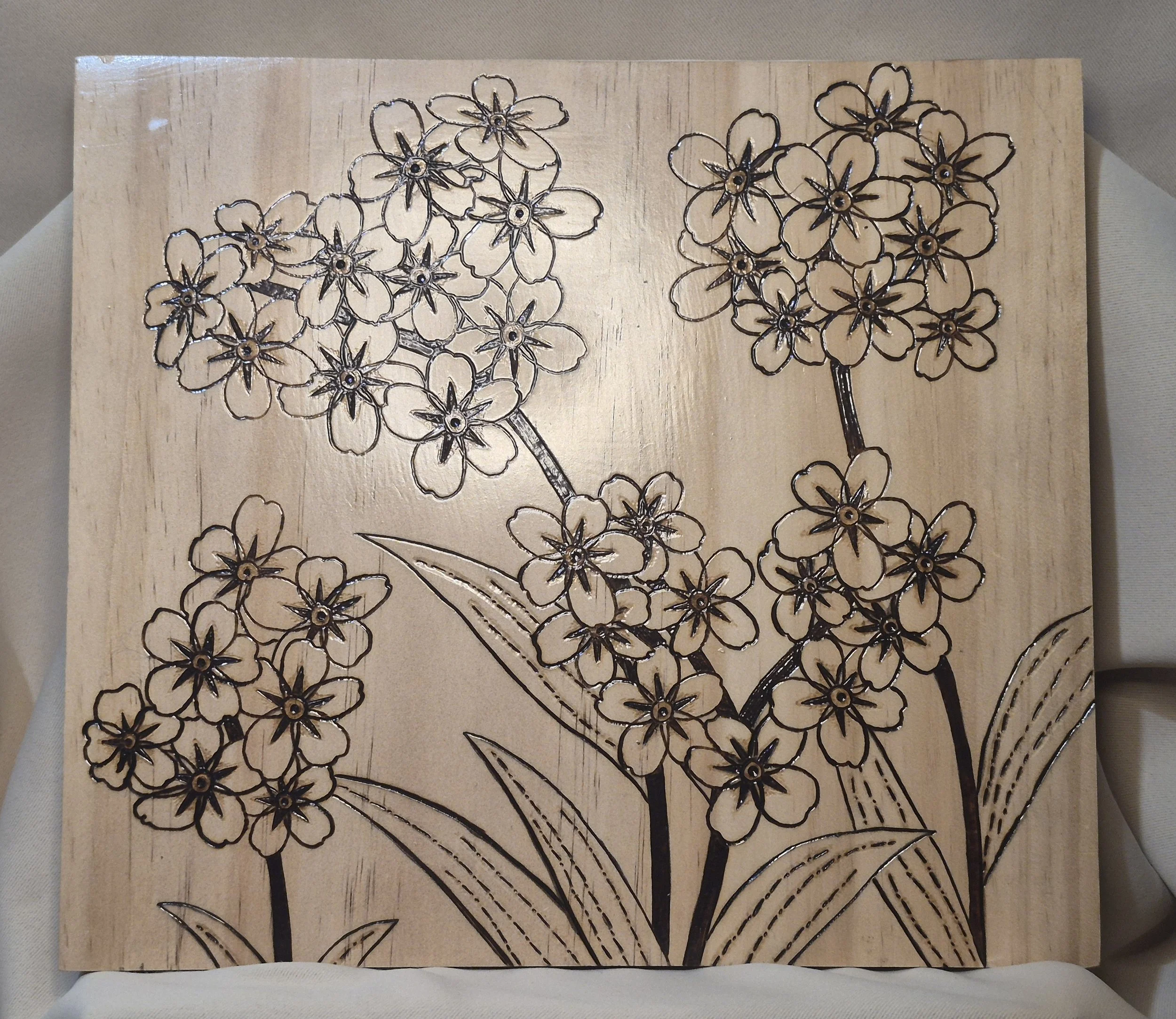 Handcrafted Forget-Me-Not Wood-Burned Wall Art - Custom Wood-Burned Home and Business Signs & Monograms Crafted to Stand Out__