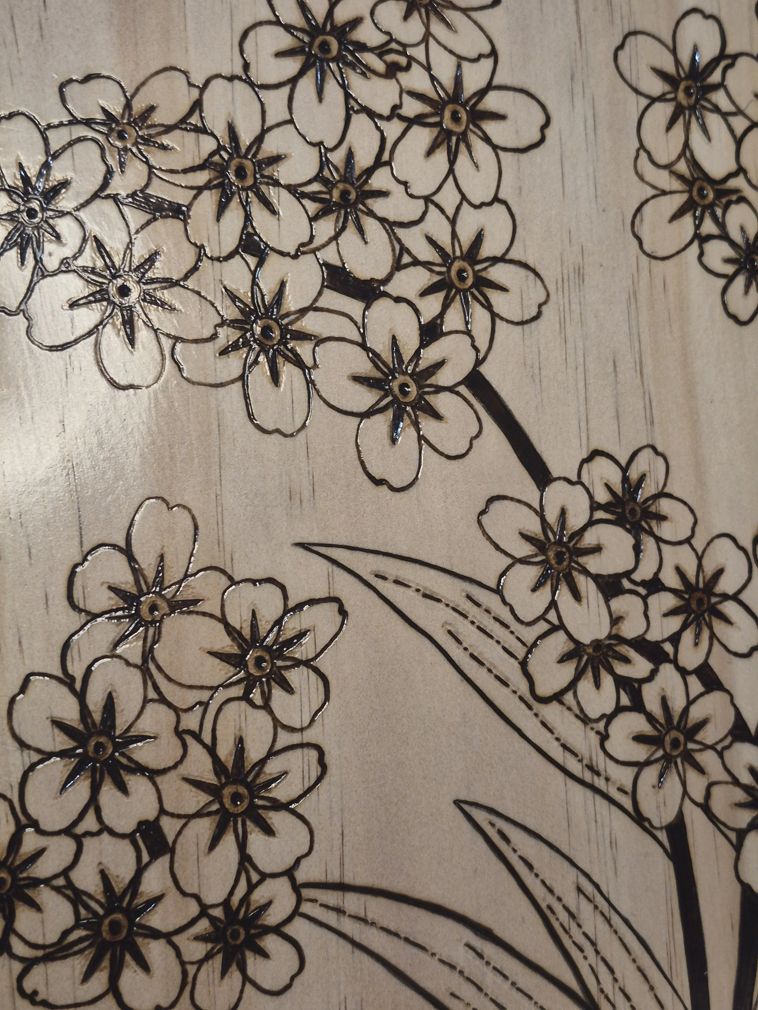 Handcrafted Forget-Me-Not Wood-Burned Wall Art - Custom Wood-Burned Home and Business Signs & Monograms Crafted to Stand Out__