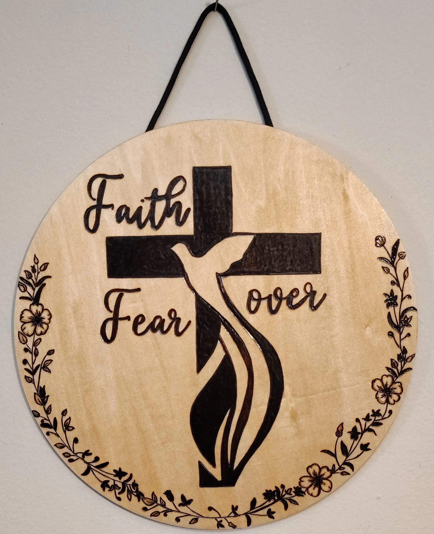 'Faith Over Fear' Wood Burned Sign with Cross and Dove