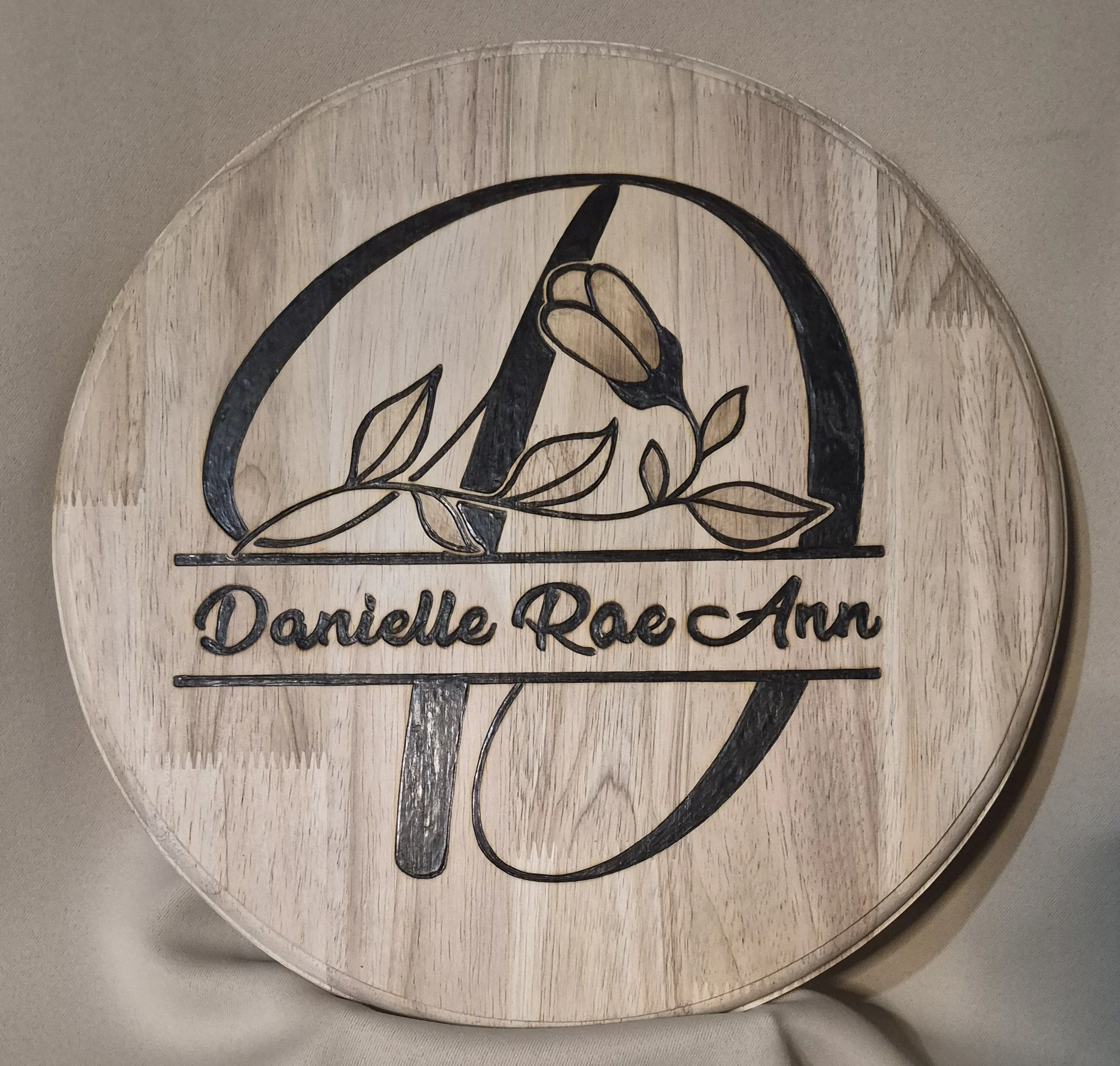Custom Wood-Burned Floral Monogram Name Plaque