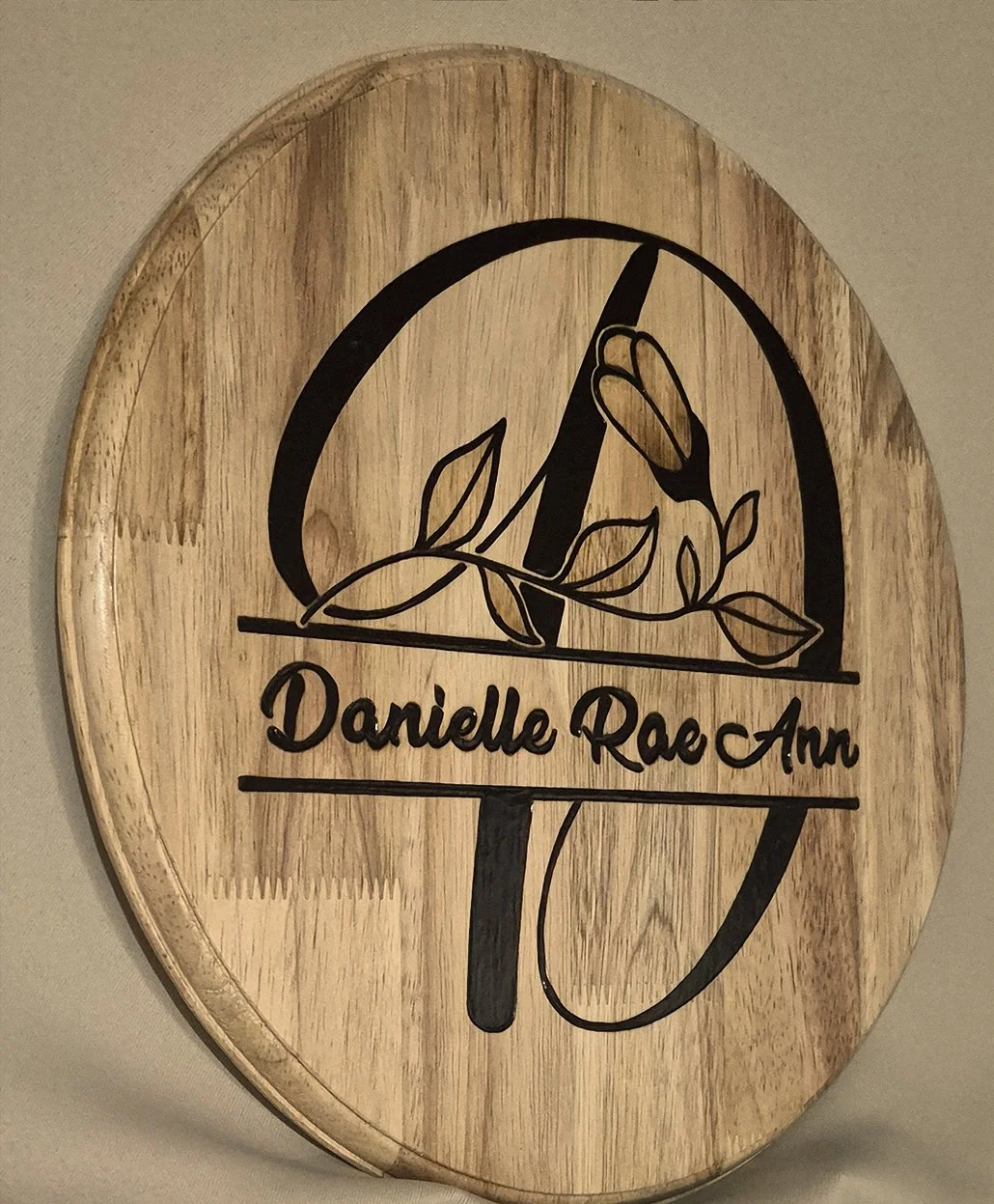 Custom Wood-Burned Floral Monogram Name Plaque