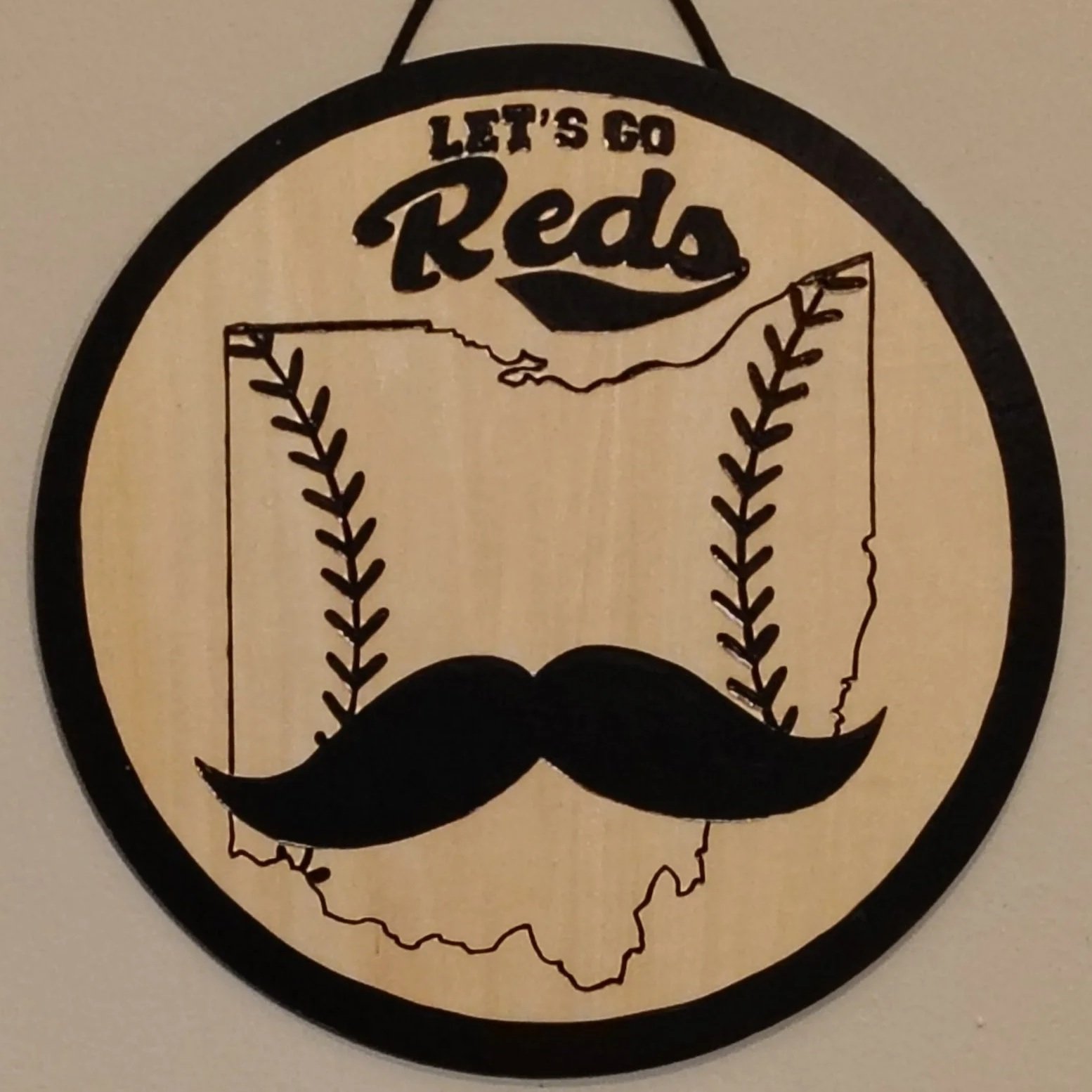 Cincinnati Reds Mustache Wood-Burned Sign