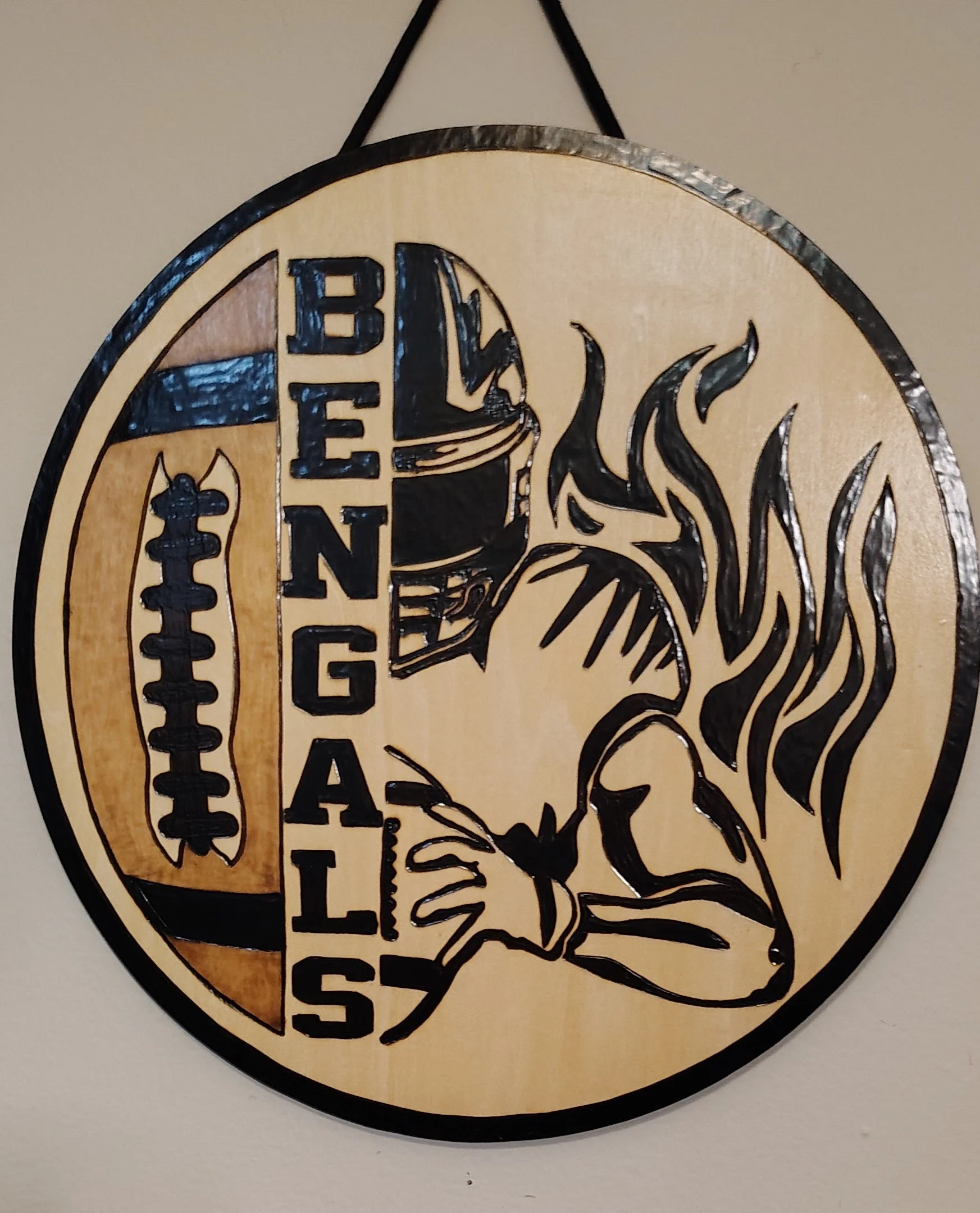 Bengals Football Player Wood-Burned Sign