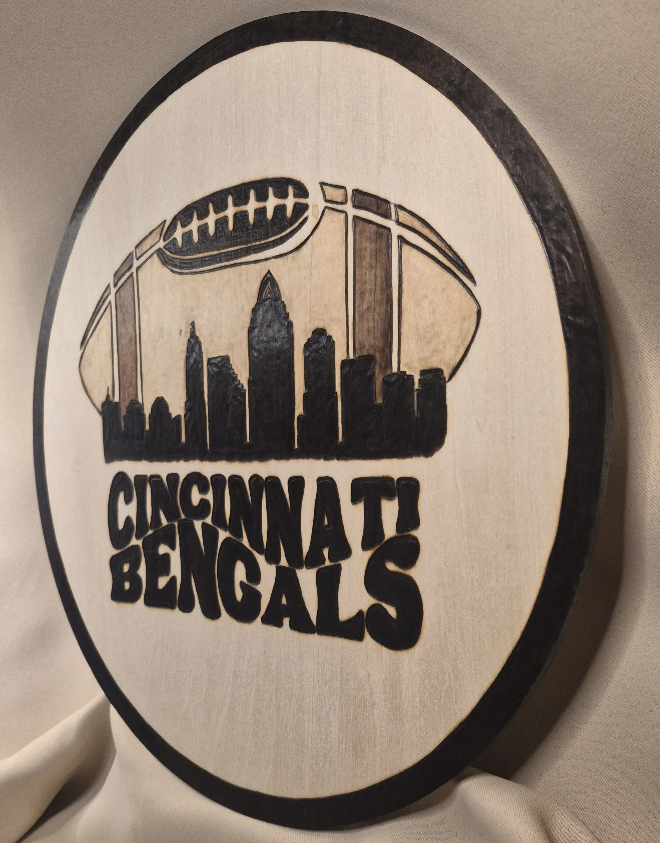 Cincinnati Bengals Skyline Wood-Burned Art - Custom Wood-Burned Home and Business Signs & Monograms Crafted to Stand Out__