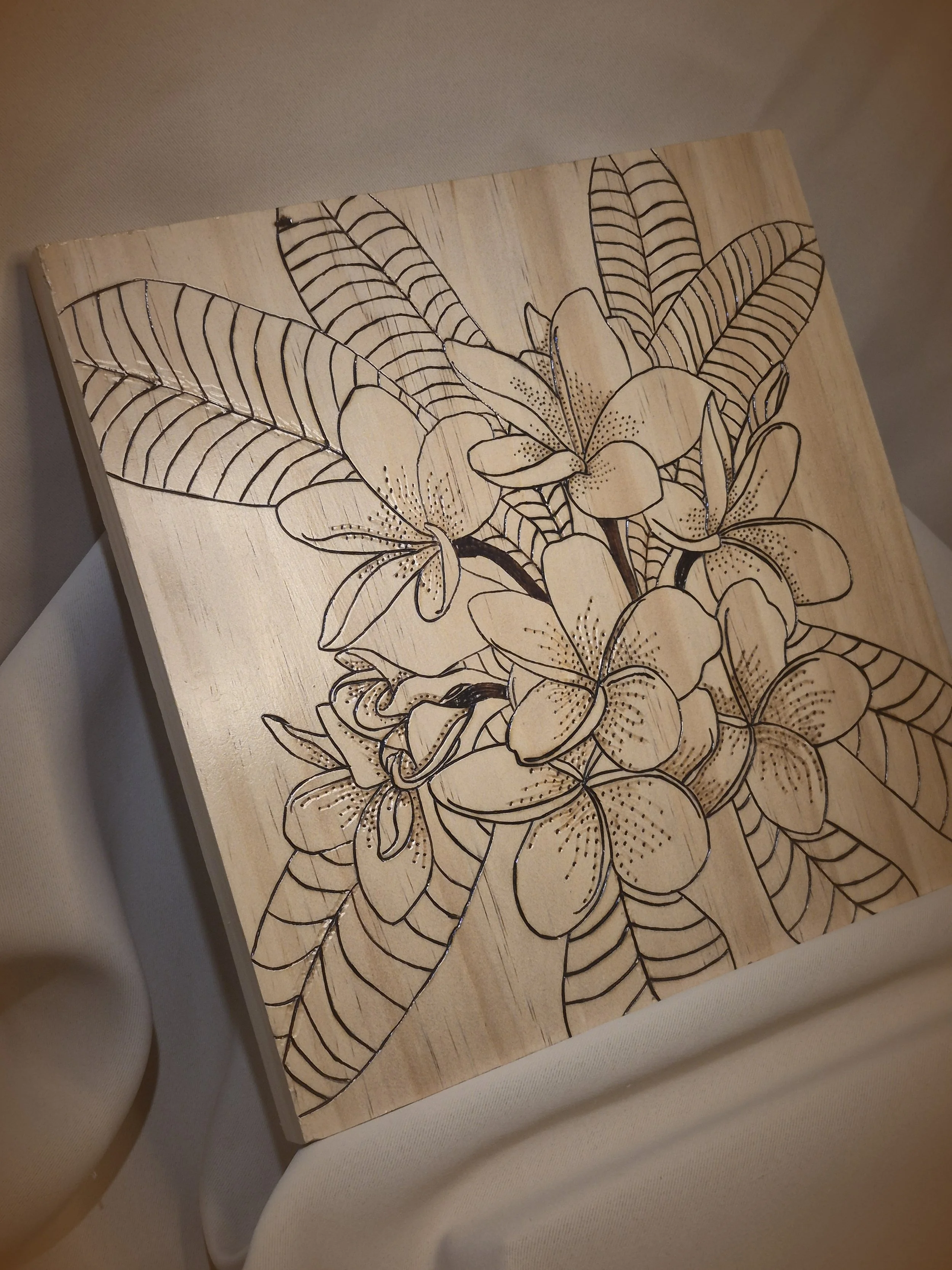 Handmade Tropical Plumeria Wood-Burned Wall Art - Custom Wood-Burned Home and Business Signs & Monograms Crafted to Stand Out__