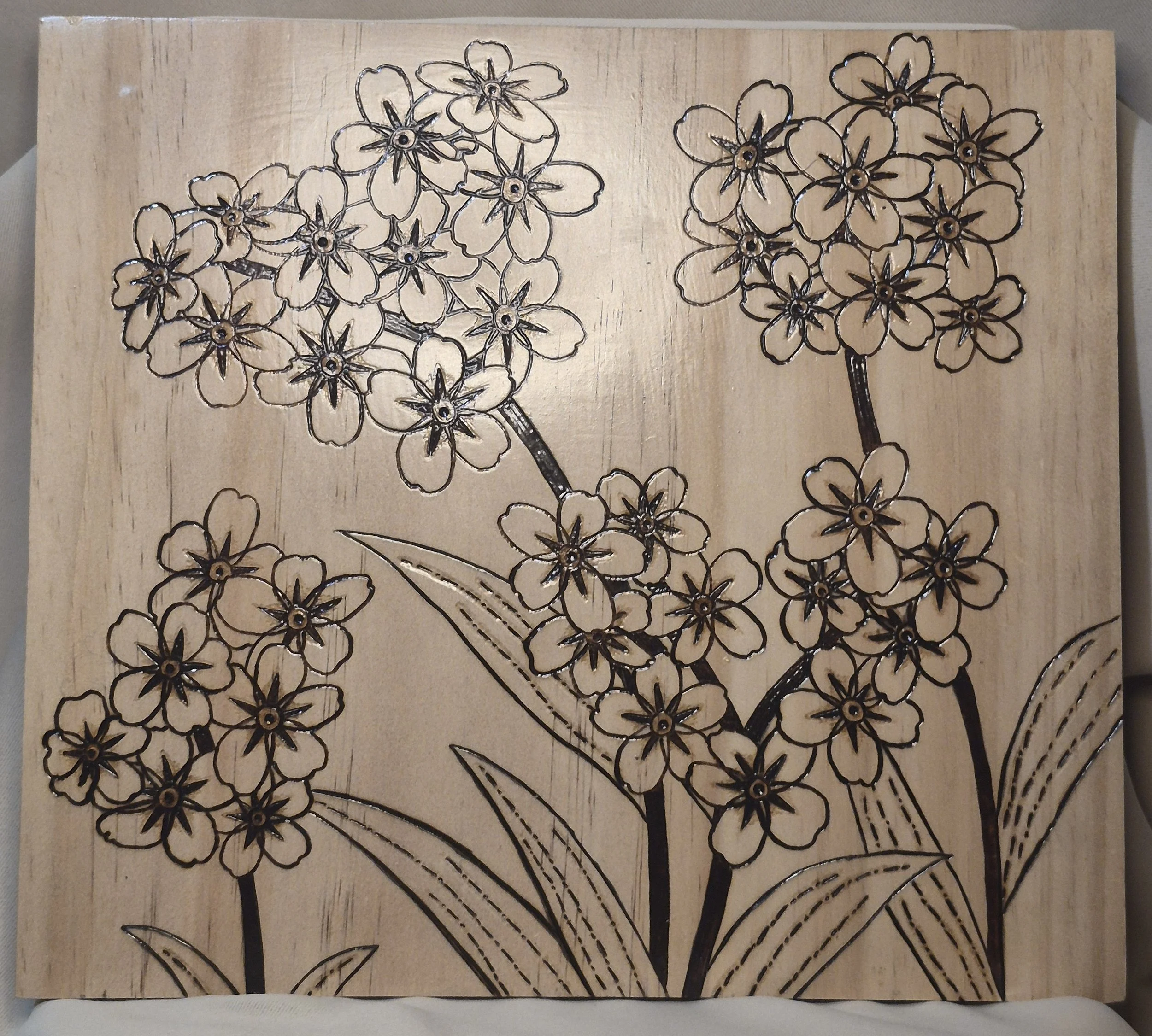 Handcrafted Forget-Me-Not Wood-Burned Wall Art - Custom Wood-Burned Home and Business Signs & Monograms Crafted to Stand Out__
