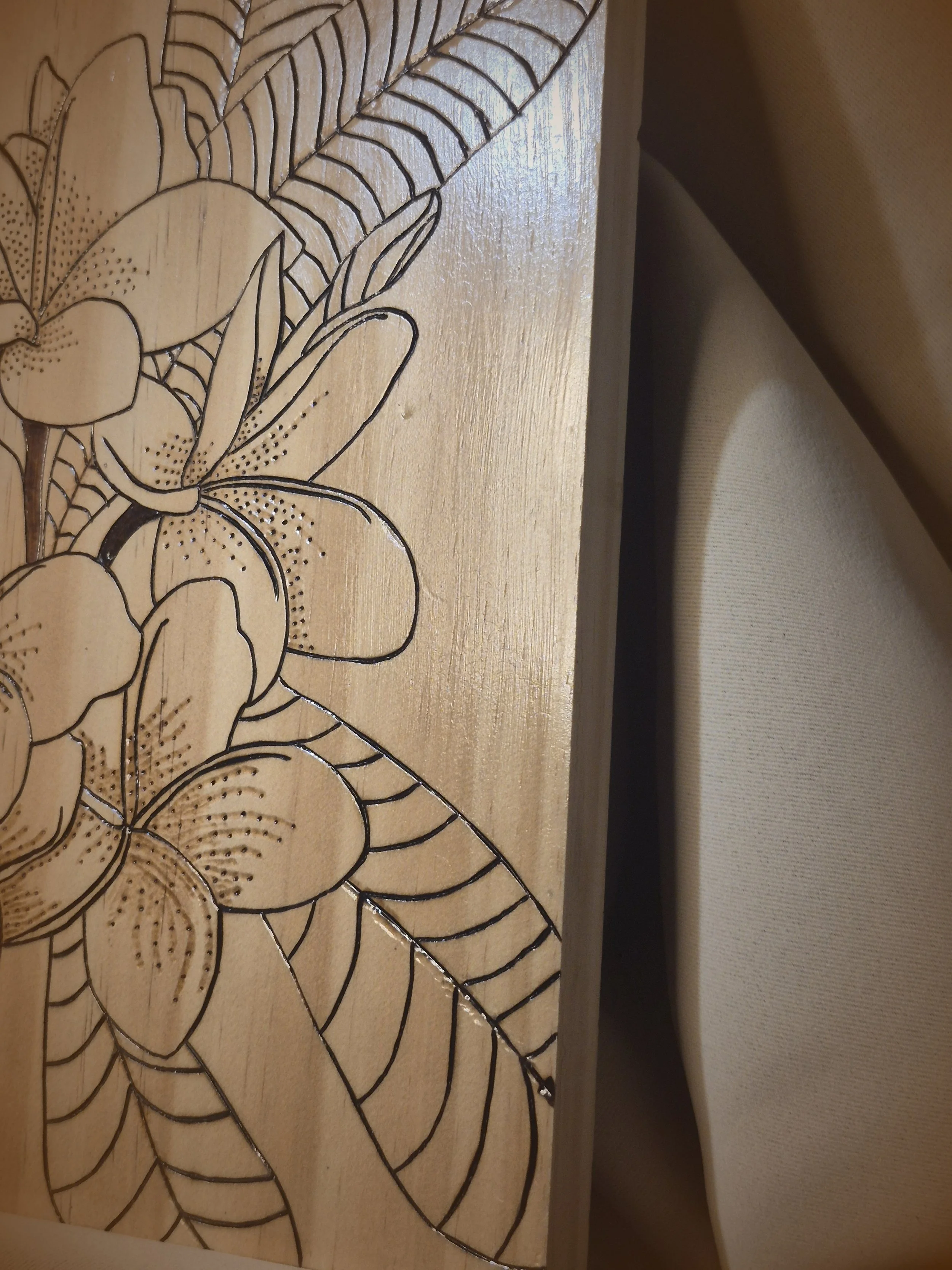 Handmade Tropical Plumeria Wood-Burned Wall Art - Custom Wood-Burned Home and Business Signs & Monograms Crafted to Stand Out__