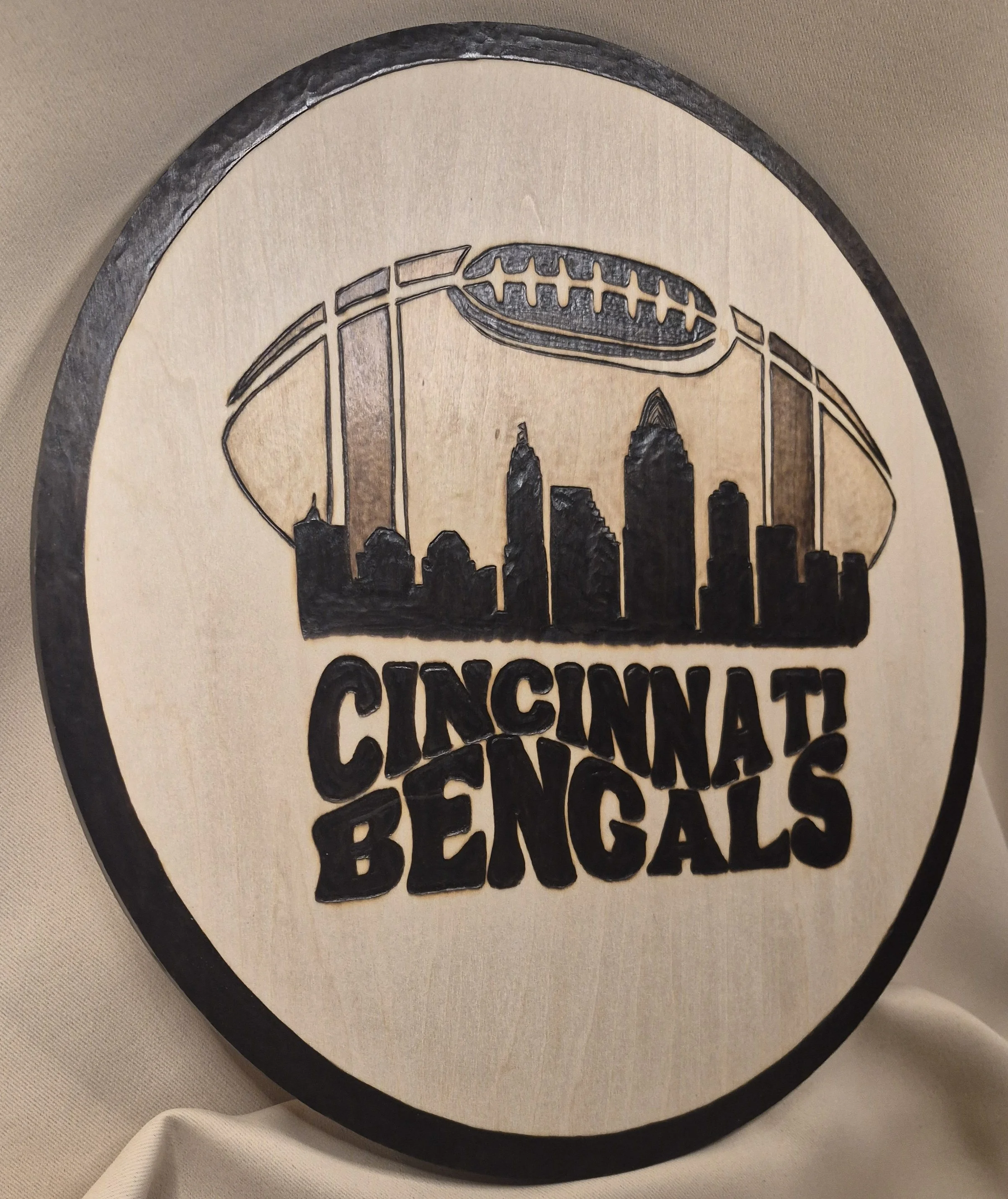 Cincinnati Bengals Skyline Wood-Burned Art - Custom Wood-Burned Home and Business Signs & Monograms Crafted to Stand Out__
