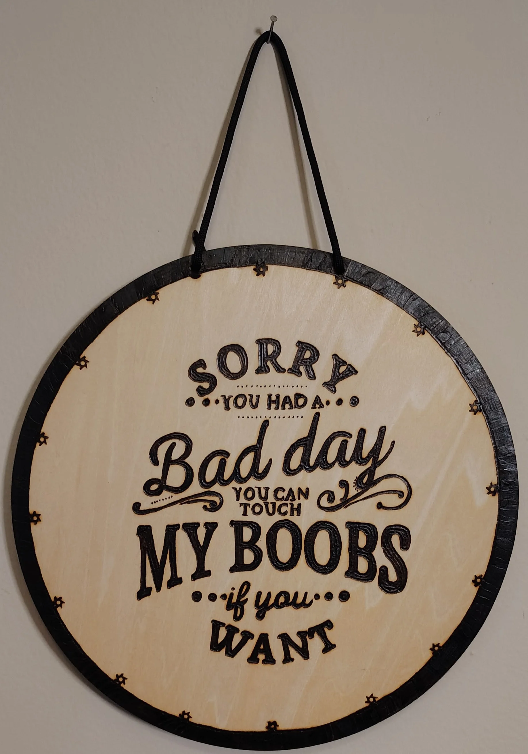 Sorry you had a bad day, want to touch my boobs? Funny wood burnt sign.