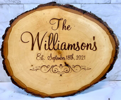 Custom Wood-Burned Family Name Sign on Live Edge Slab