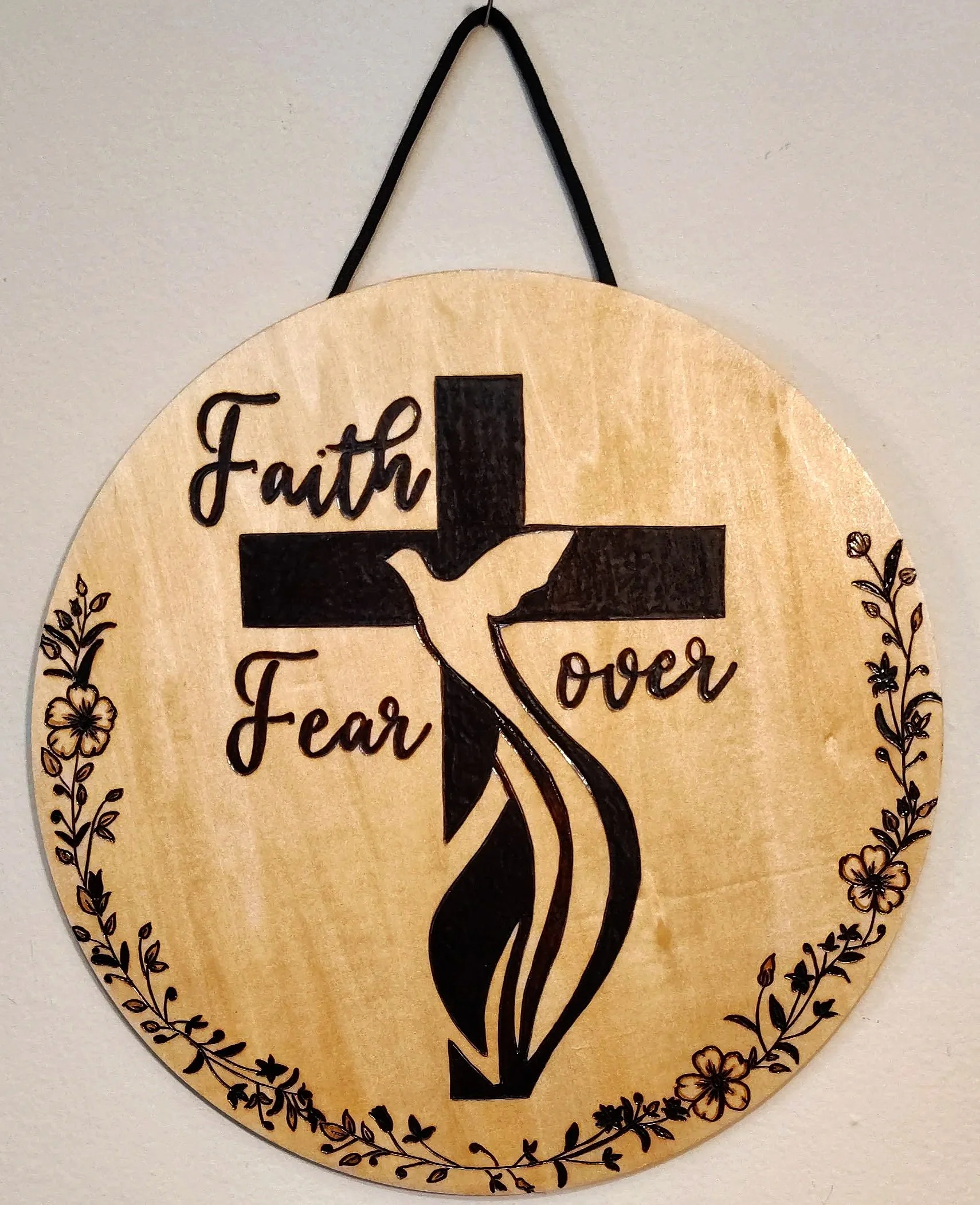 'Faith Over Fear' Wood Burned Sign with Cross and Dove - Custom Wood-Burned Home and Business Signs & Monograms Crafted to Stand Out__